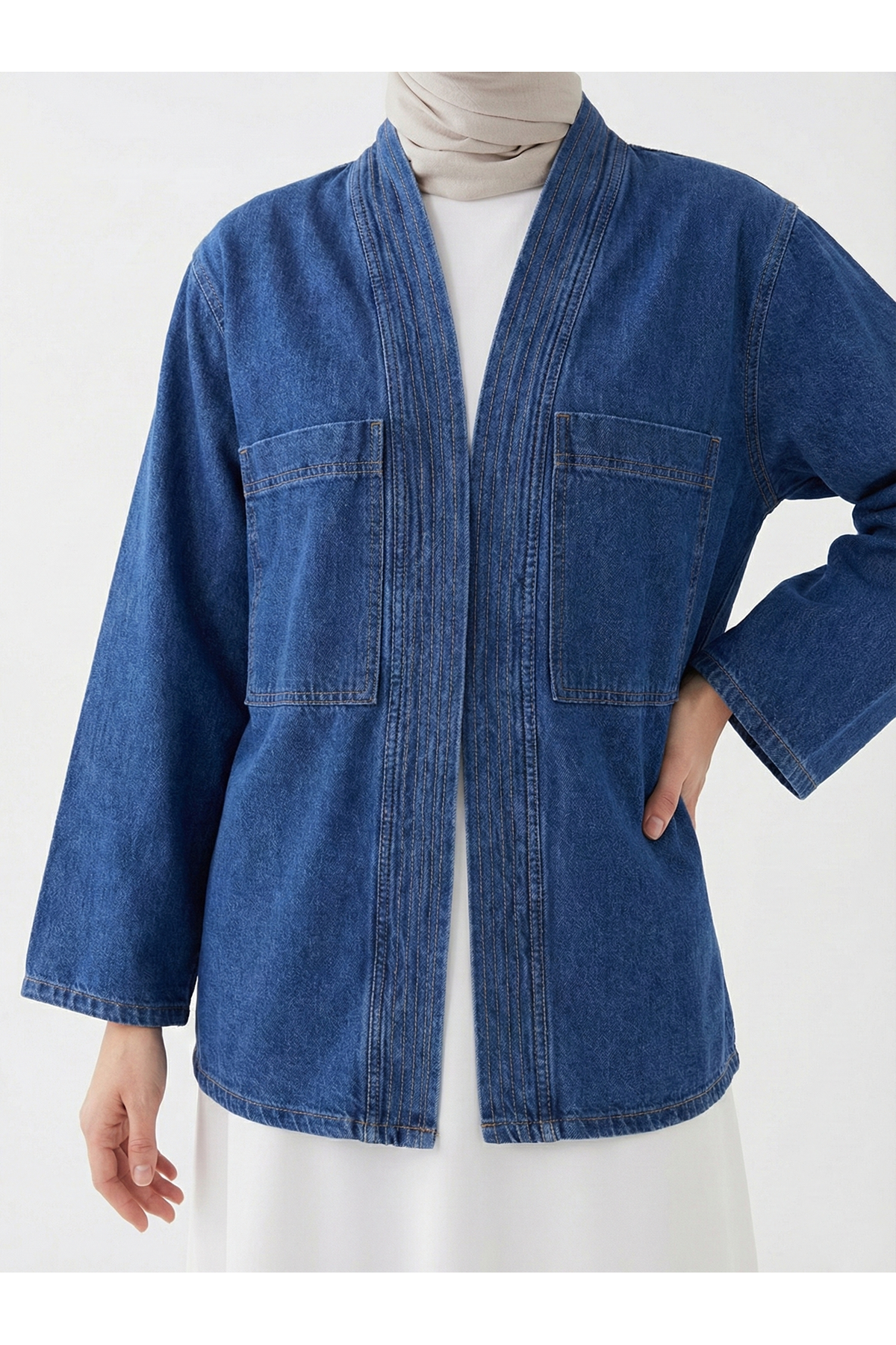 CKT01783-LCV Cep Detaylı Sıra Dikişli Kot Ceket-Lacivert