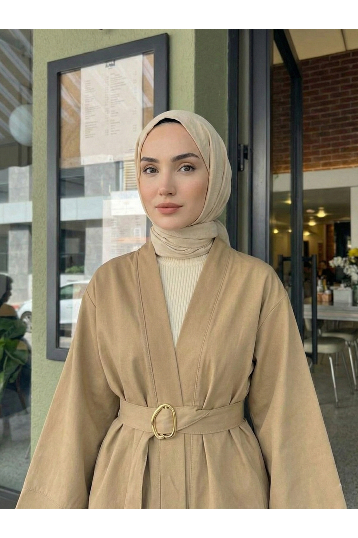 CKT01784-CRM Geniş Manşet Kuşak Detay Ceket-Karamel