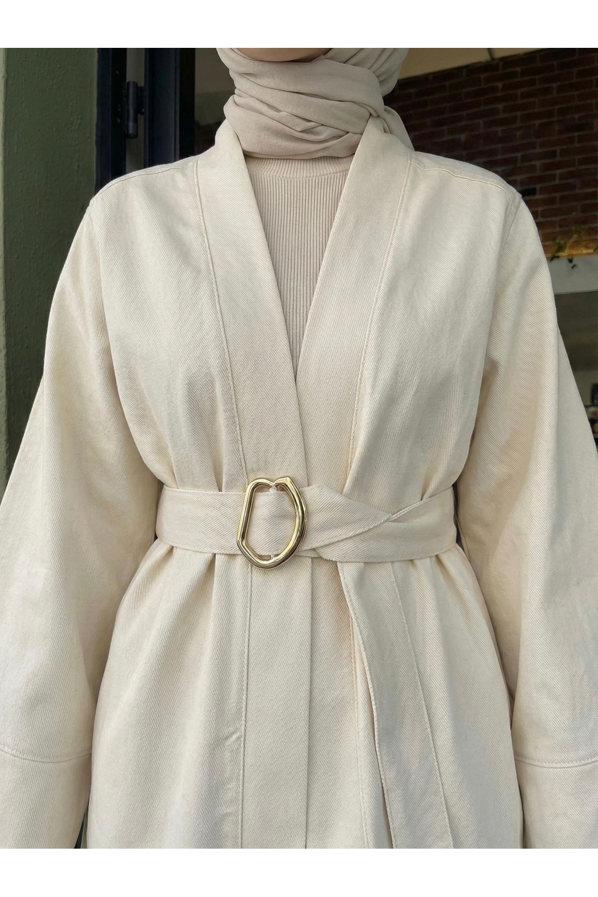 CKT01784-TAŞ Geniş Manşet Kuşak Detay Ceket-Taş