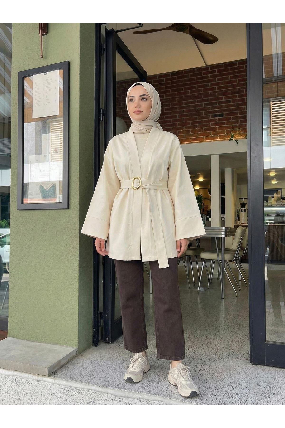 CKT01784-TAŞ Geniş Manşet Kuşak Detay Ceket-Taş