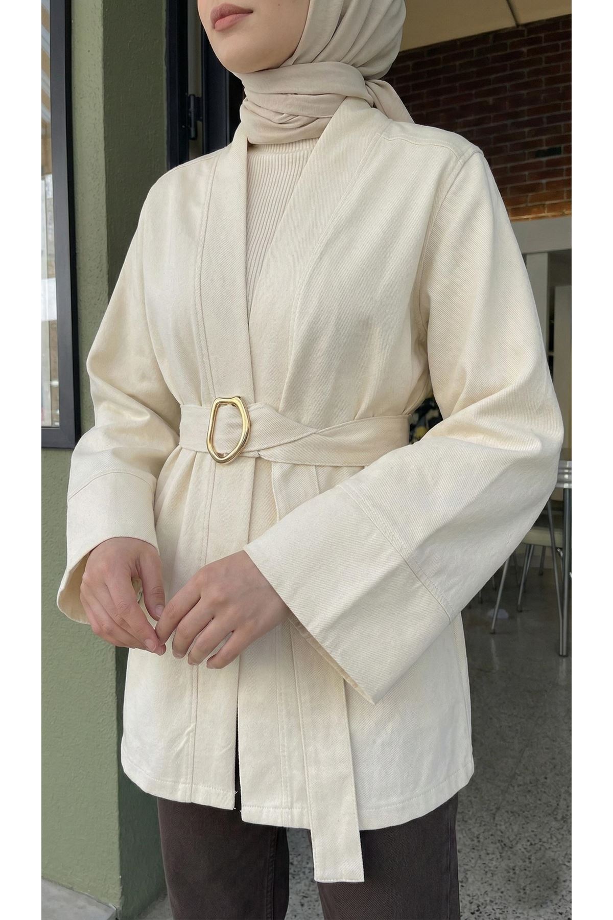 CKT01784-TAŞ Geniş Manşet Kuşak Detay Ceket-Taş