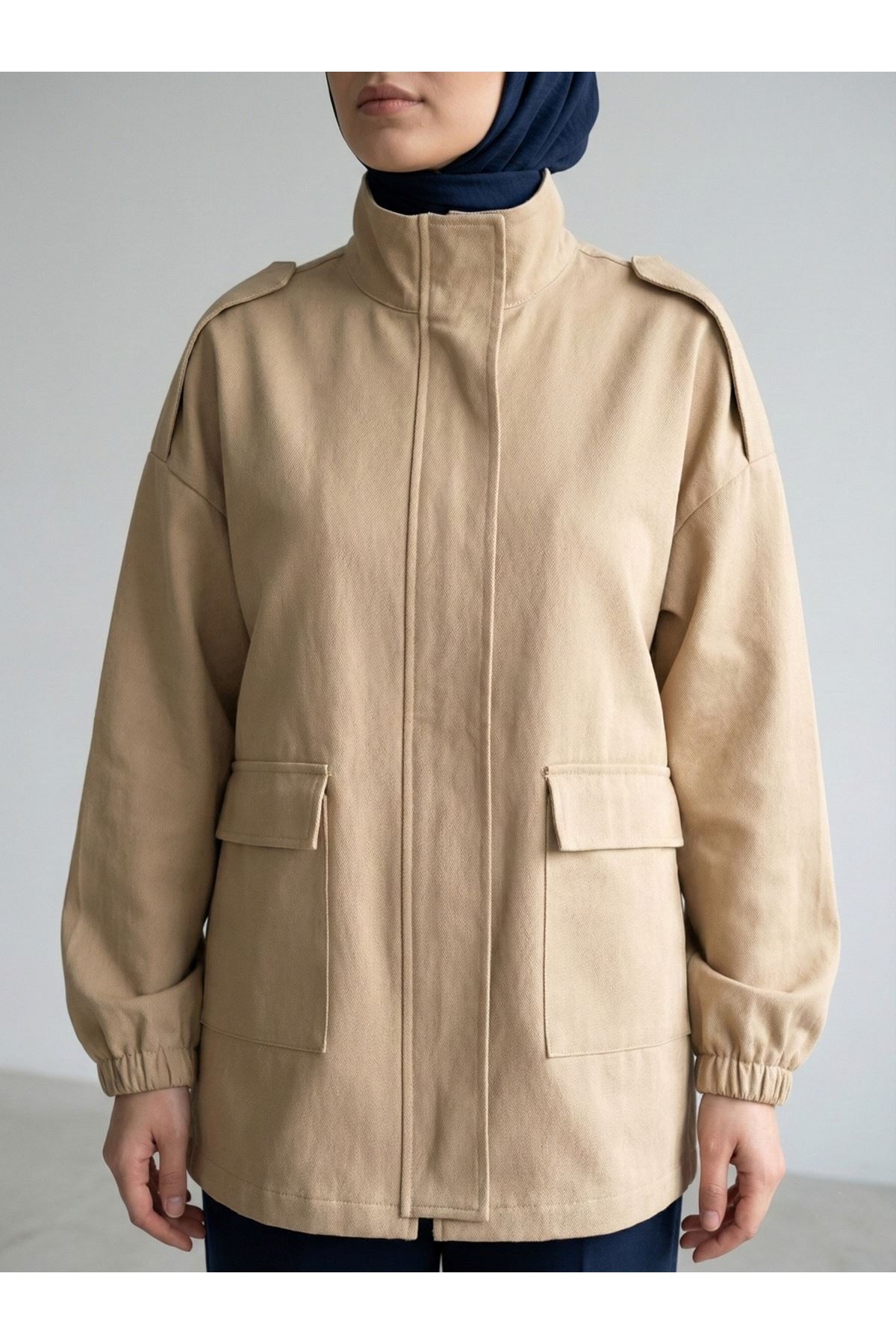 CKT01786-CRM Apoletli Cep Kapaklı Ceket-Karamel