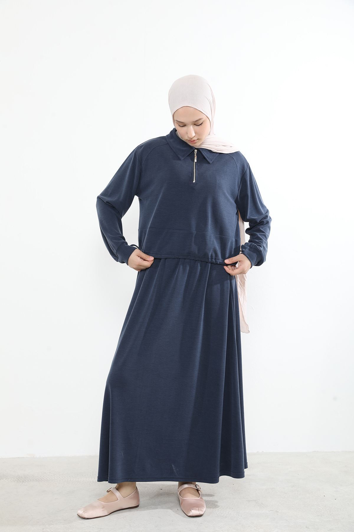 EİT00085-LCV Yakalı Fermuar Detay Etekli Takım-Lacivert