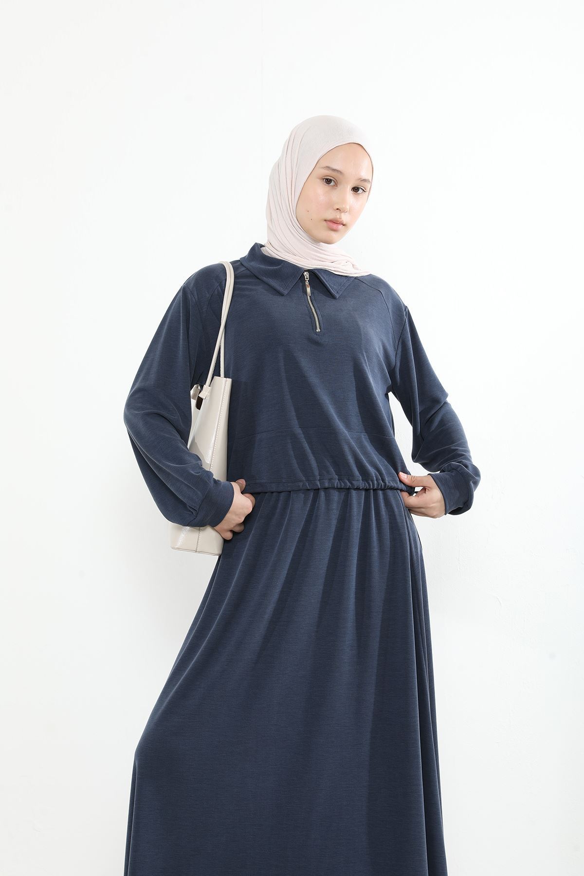 EİT00085-LCV Yakalı Fermuar Detay Etekli Takım-Lacivert