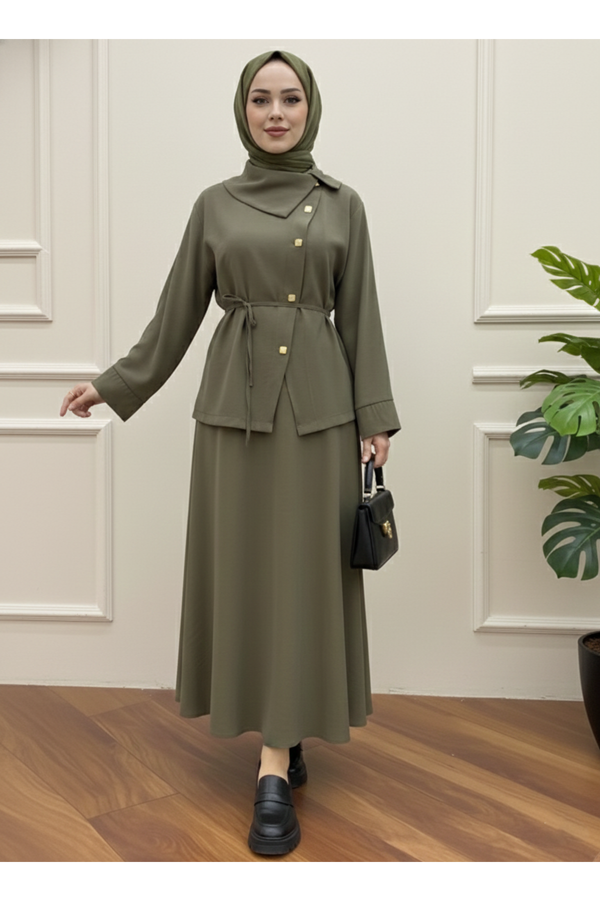 EİT00102-HKİ Çapraz Düğmeli Etekli Takım-Haki