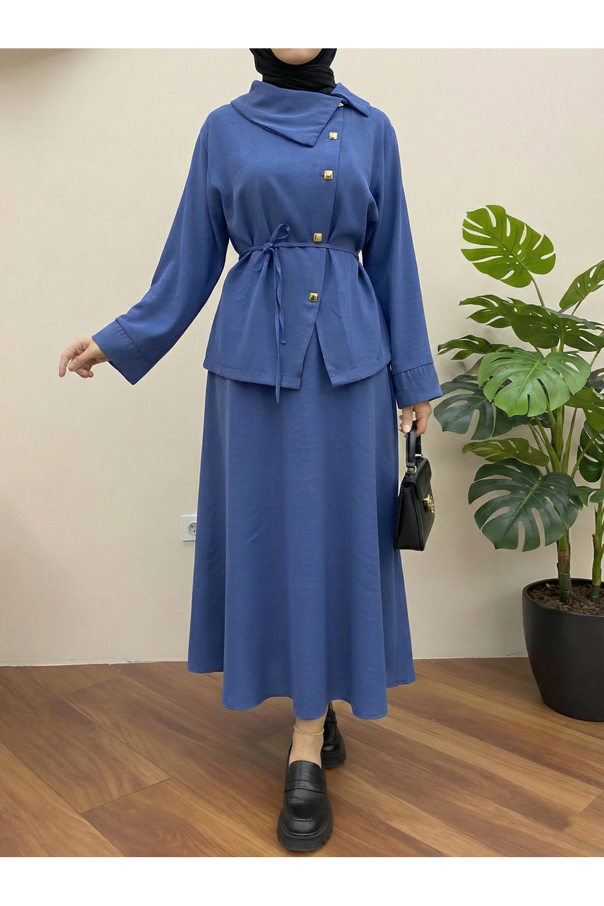 EİT00102-İND Çapraz Düğmeli Etekli Takım-İndigo