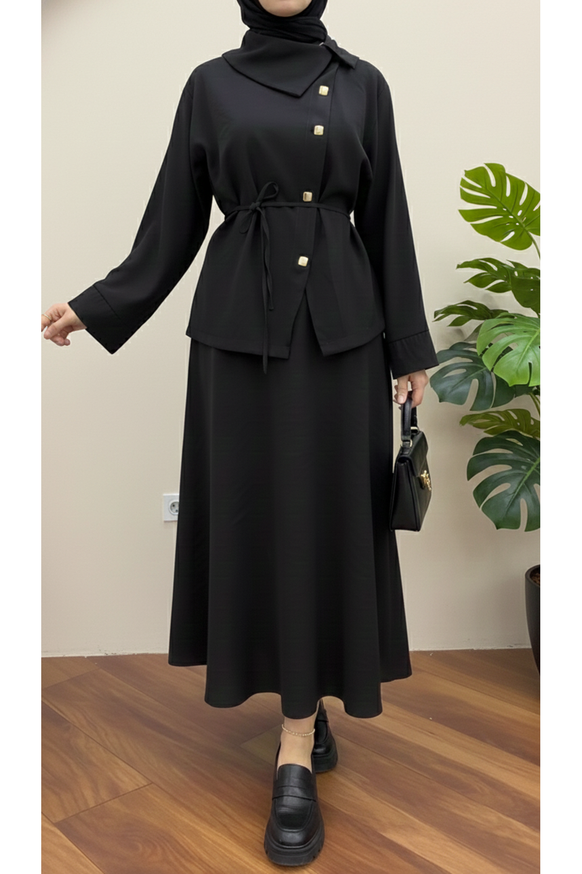 EİT00102-SYH Çapraz Düğmeli Etekli Takım-Siyah