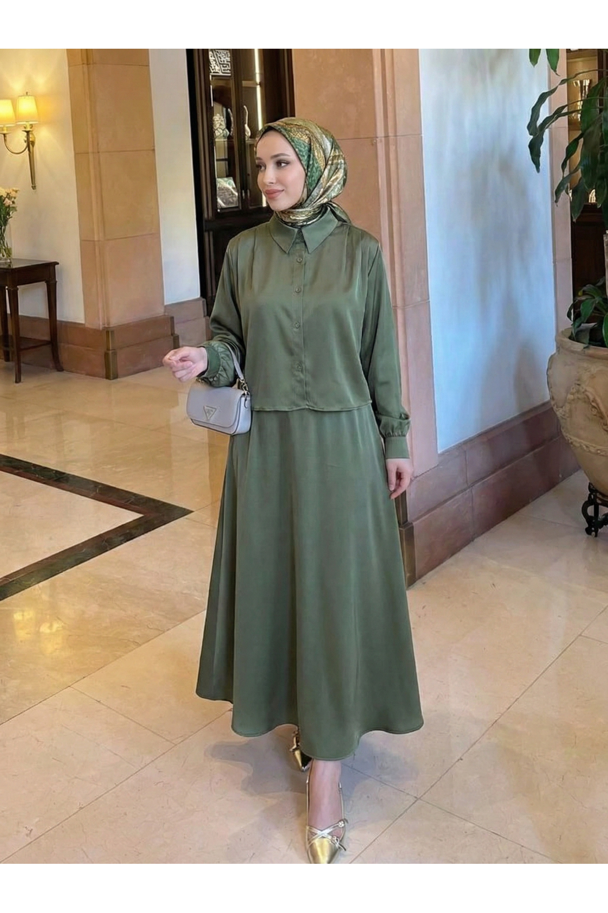 EİT00106-HKİ Omuz Pile Detay Saten Etekli Takım-Haki