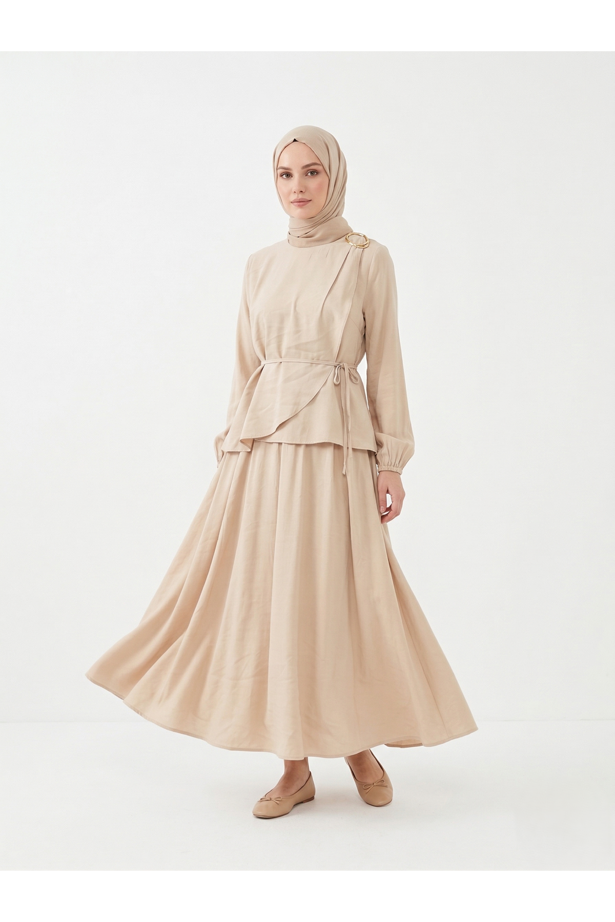 EİT00109-VİZ Omuz Aksesuar Pile Detay Etekli Takım-Vizon