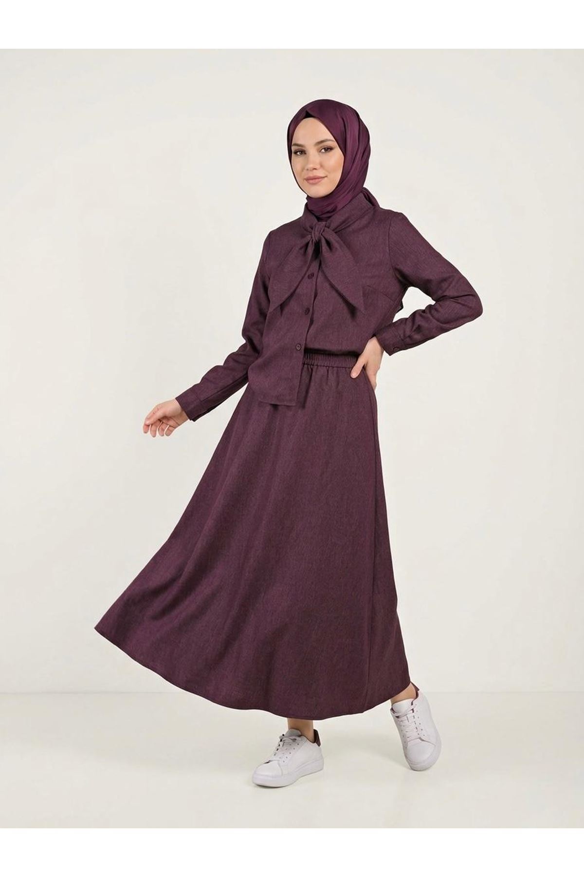 EİT00112-BRD Yaka Detay Etekli Takım-Bordo
