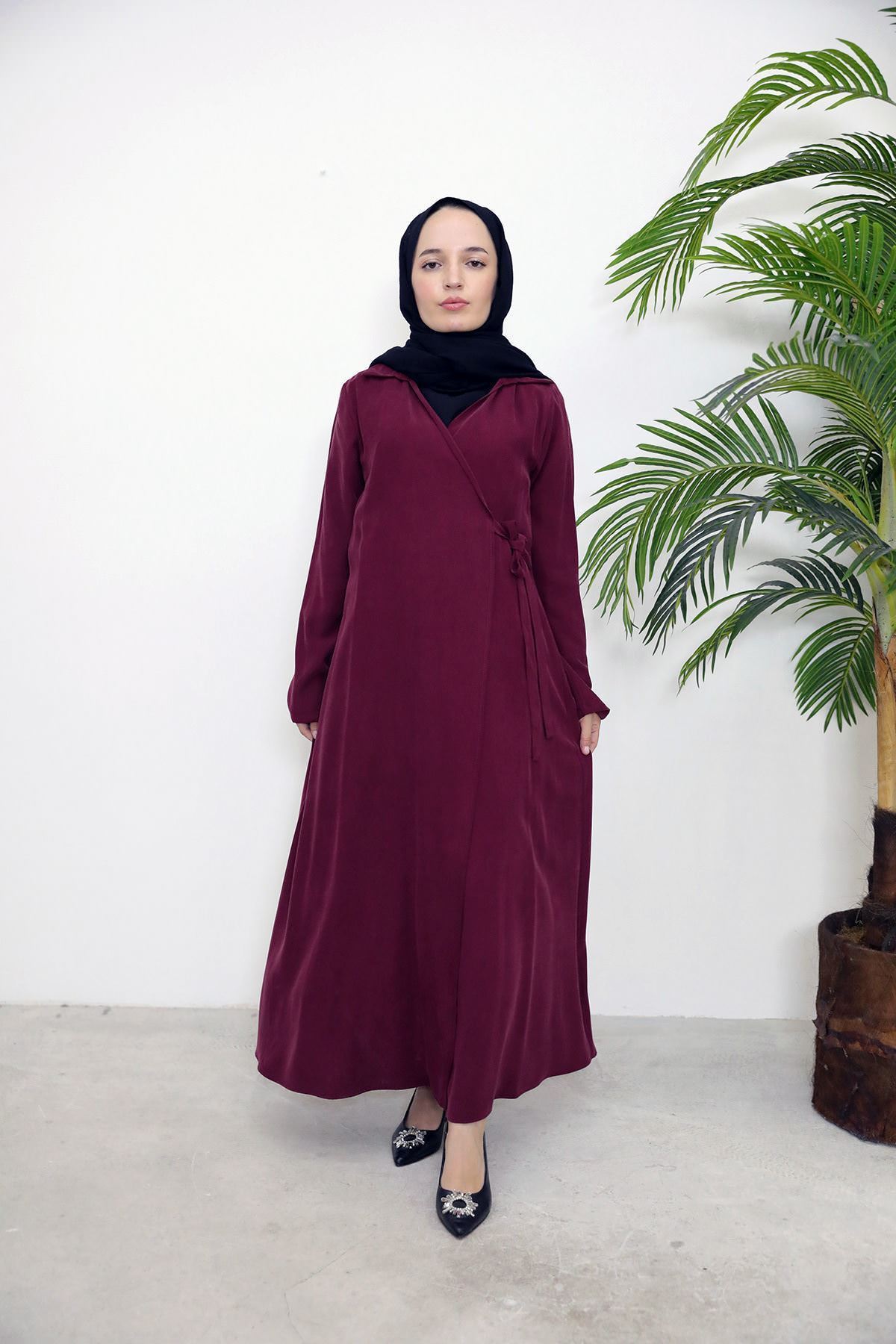 ELB04084-BRD Yakalı Yandan Bağlamalı Elbise-Bordo