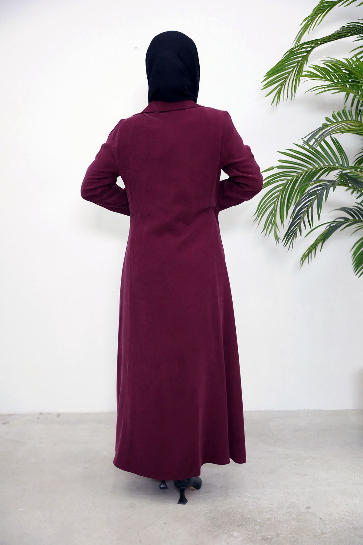 ELB04084-BRD Yakalı Yandan Bağlamalı Elbise-Bordo