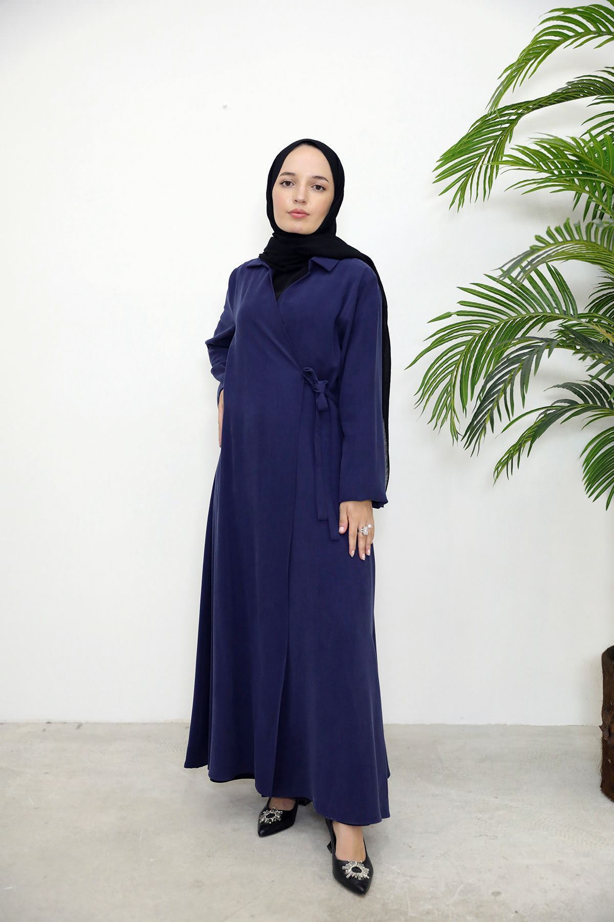 ELB04084-LCV Yakalı Yandan Bağlamalı Elbise-Lacivert