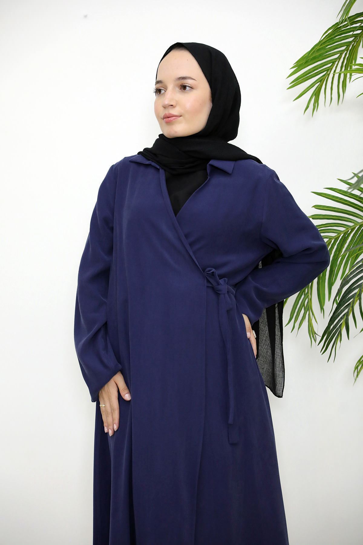 ELB04084-LCV Yakalı Yandan Bağlamalı Elbise-Lacivert