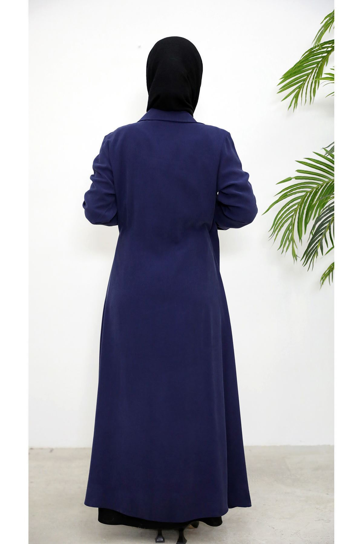 ELB04084-LCV Yakalı Yandan Bağlamalı Elbise-Lacivert