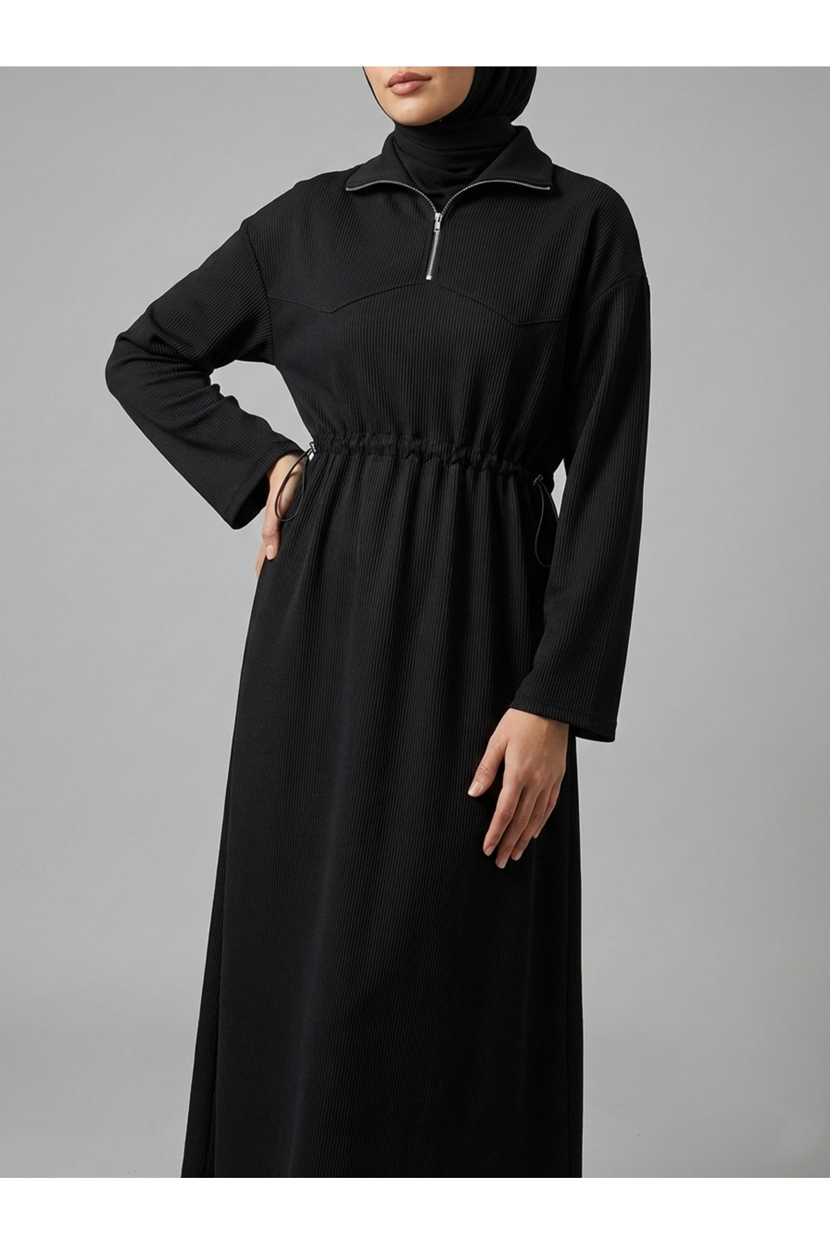 ELB04108-SYH Beli StoperTünelli Elbise-Siyah