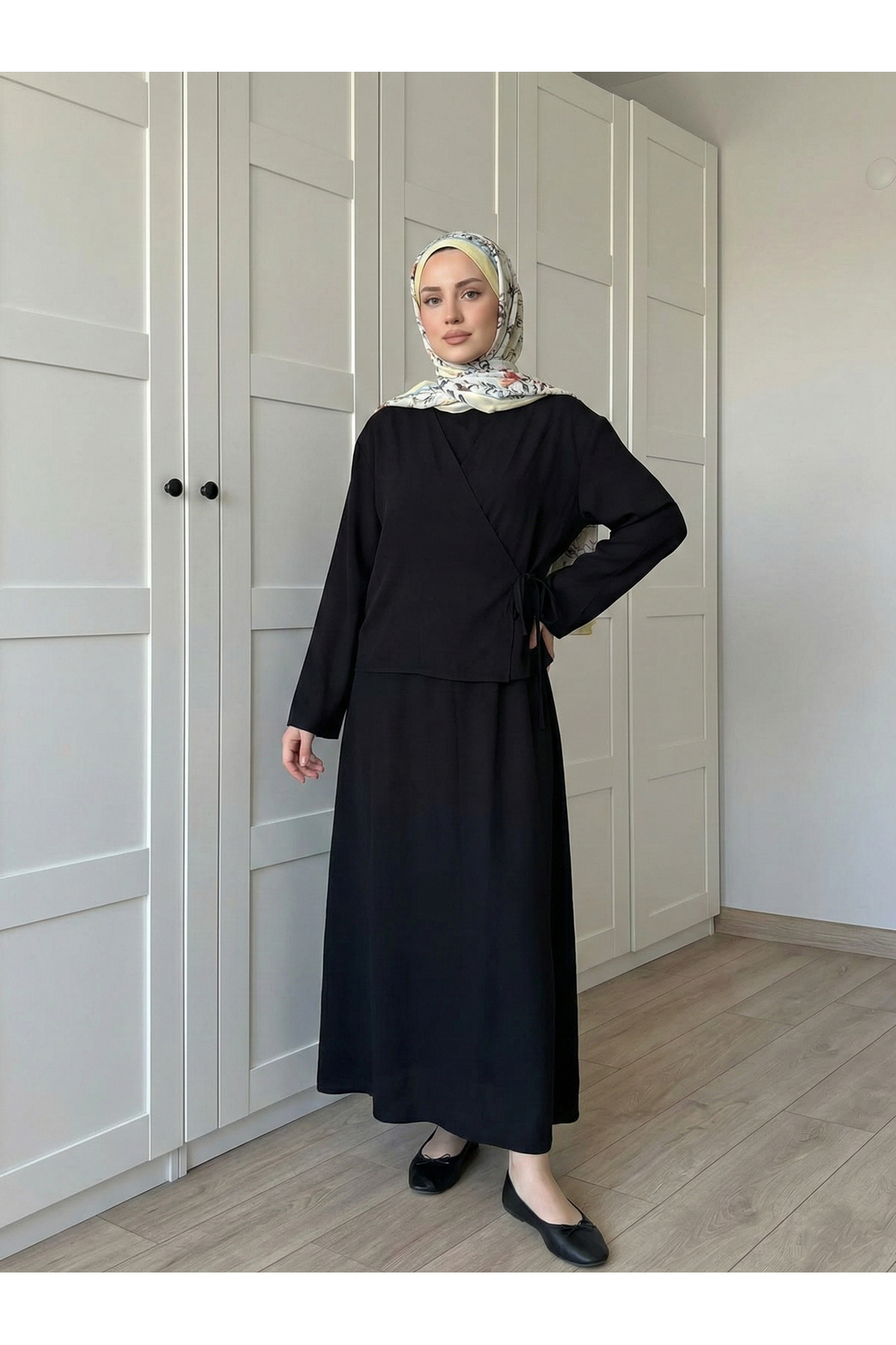 ELB04117-SYH Yan Bağlamalı İkili Elbise-Siyah