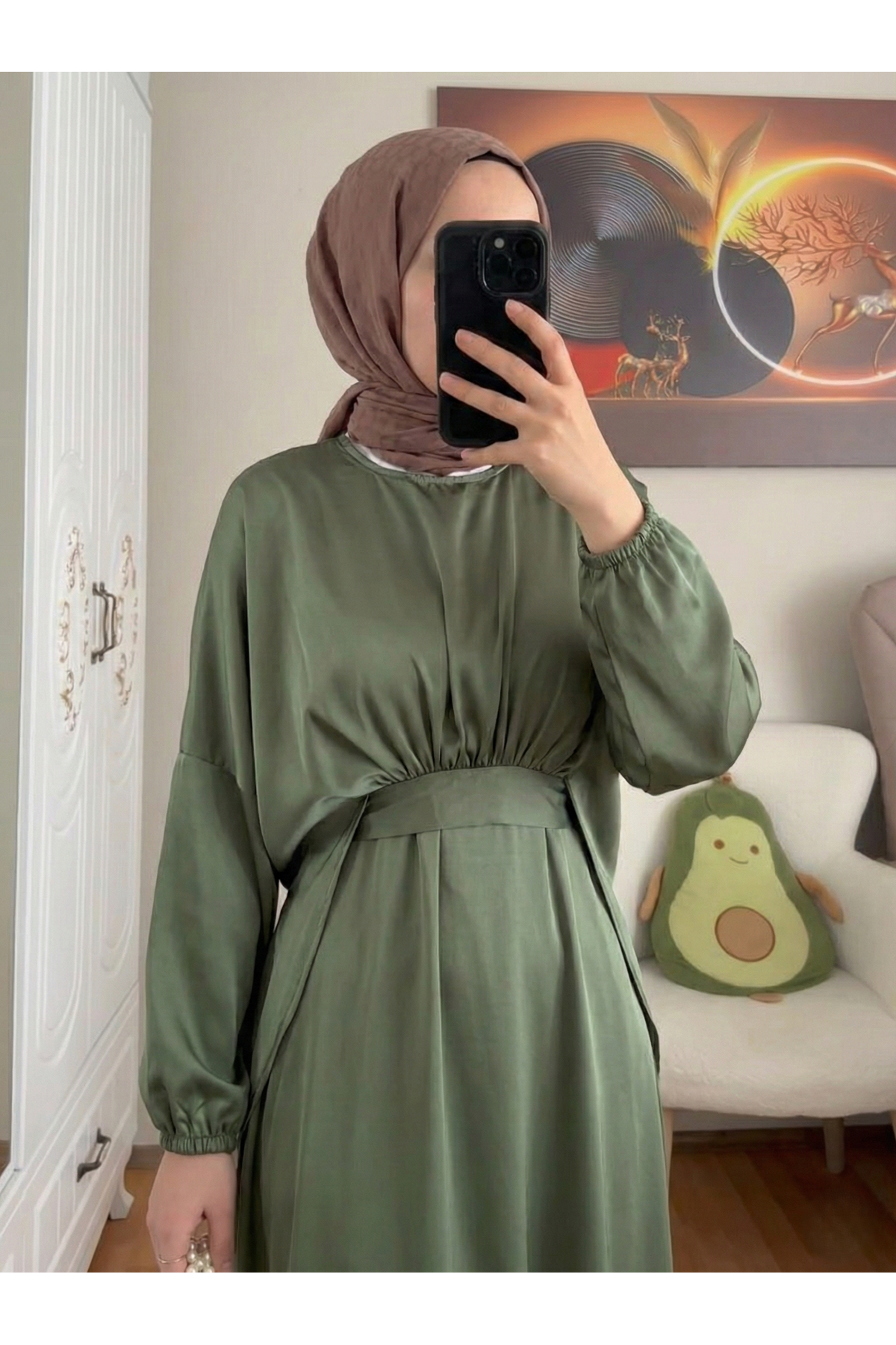 ELB04118-HKİ Bağlama Detaylı İkili Saten Elbise-Haki