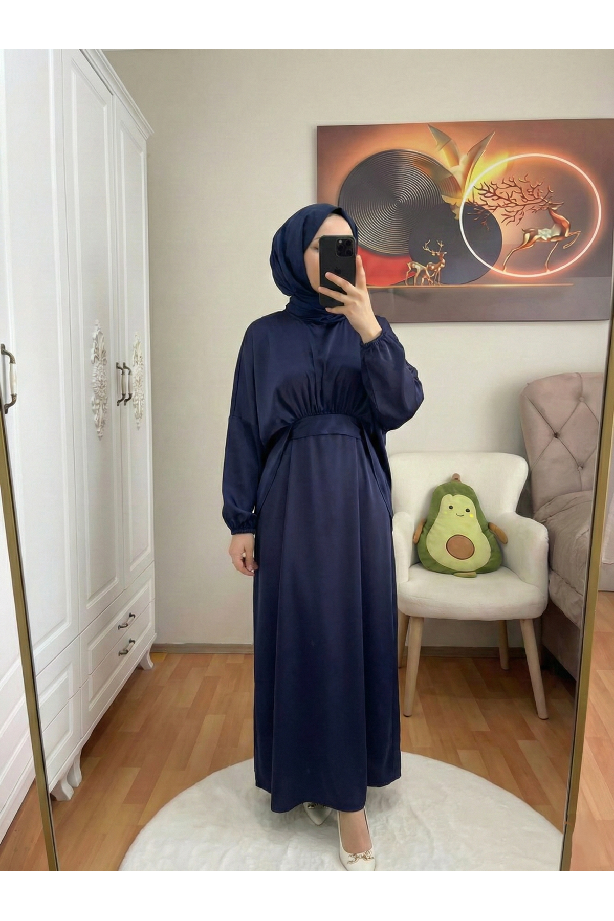 ELB04118-LCV Bağlama Detaylı İkili Saten Elbise-Lacivert