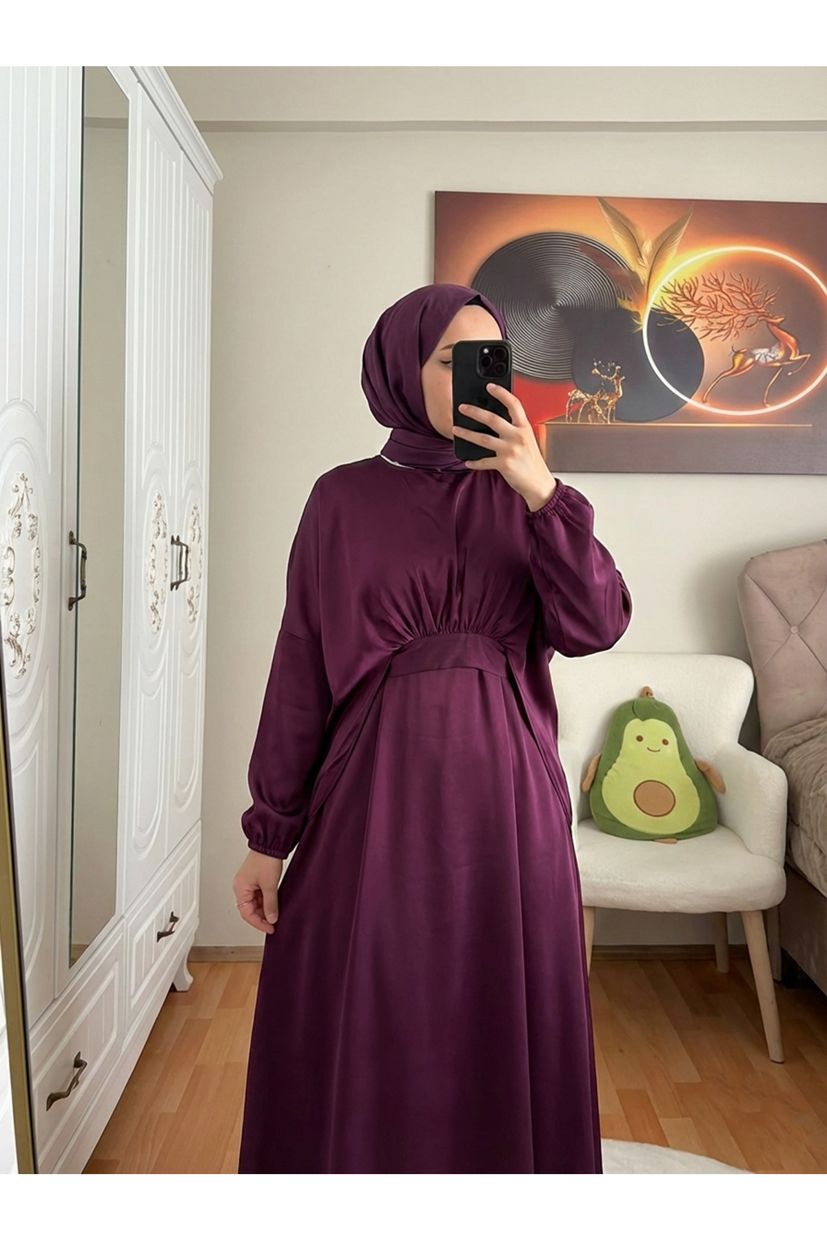 ELB04118-MRD Bağlama Detaylı İkili Saten Elbise-Mürdüm