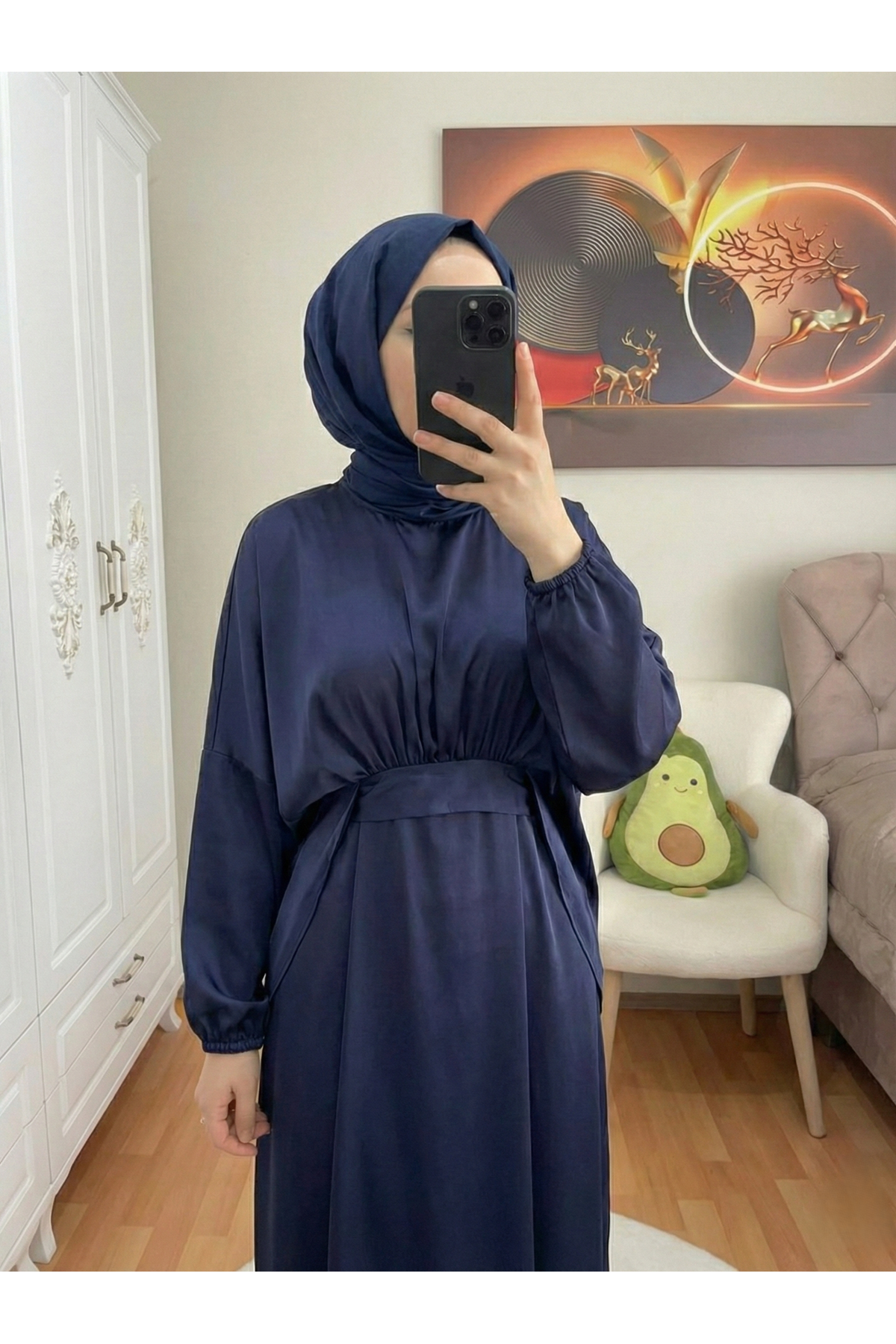 ELB04118-LCV Bağlama Detaylı İkili Saten Elbise-Lacivert