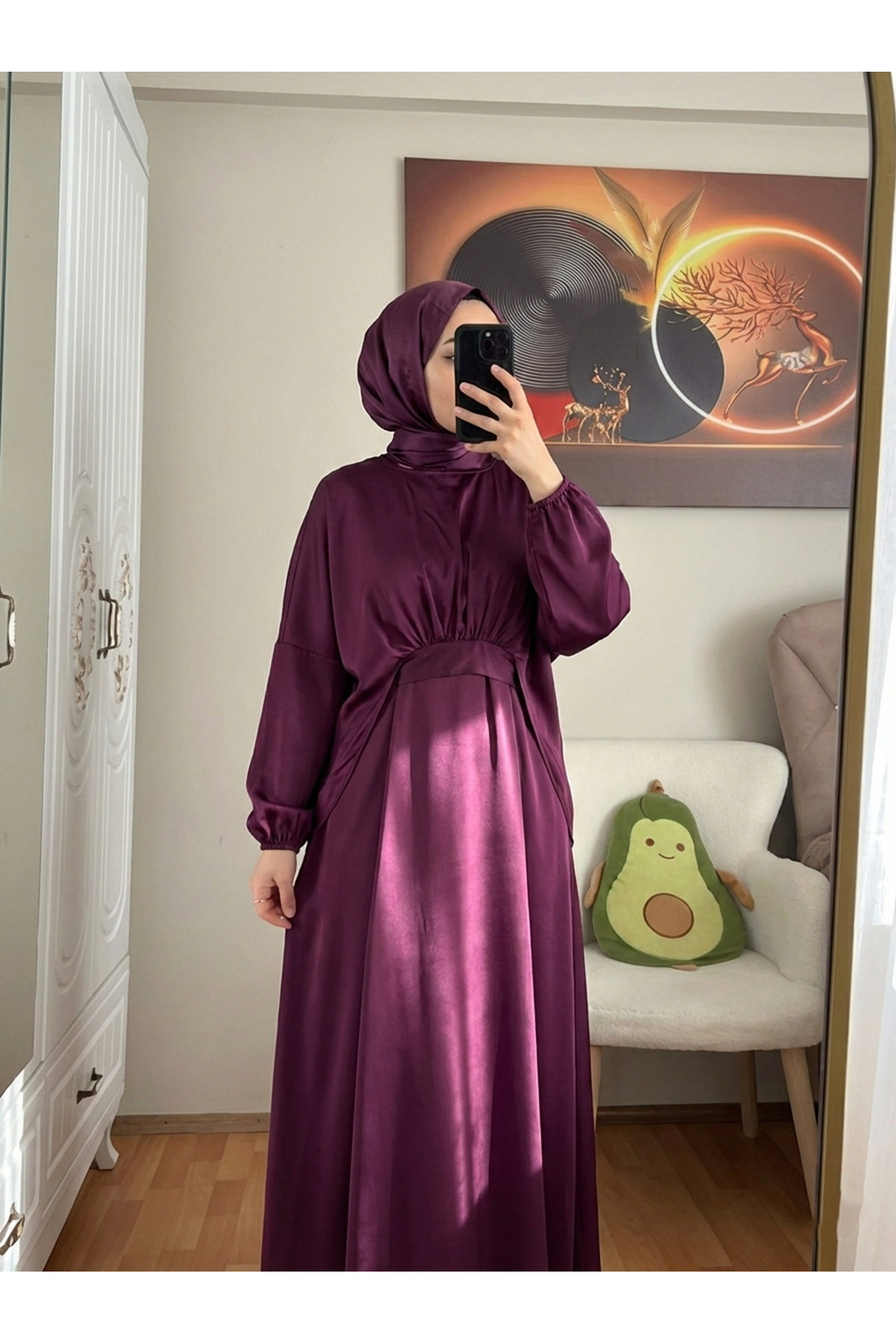 ELB04118-MRD Bağlama Detaylı İkili Saten Elbise-Mürdüm