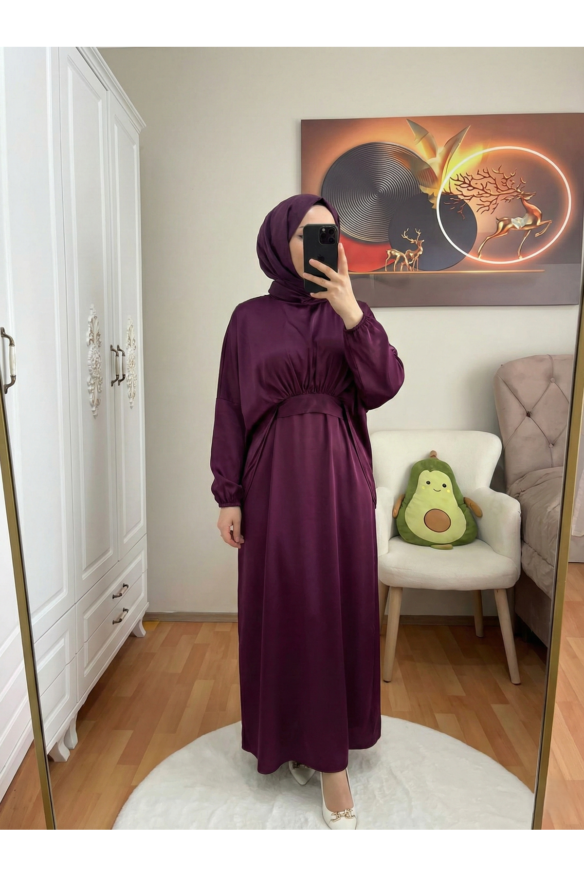 ELB04118-MRD Bağlama Detaylı İkili Saten Elbise-Mürdüm