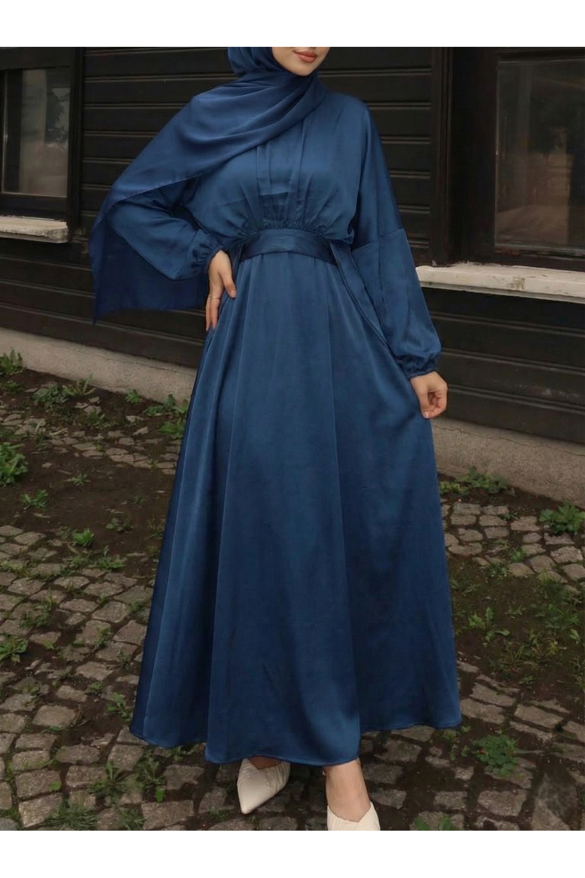 ELB04118-PMV Bağlama Detaylı İkili Saten Elbise-Petrol Mavisi