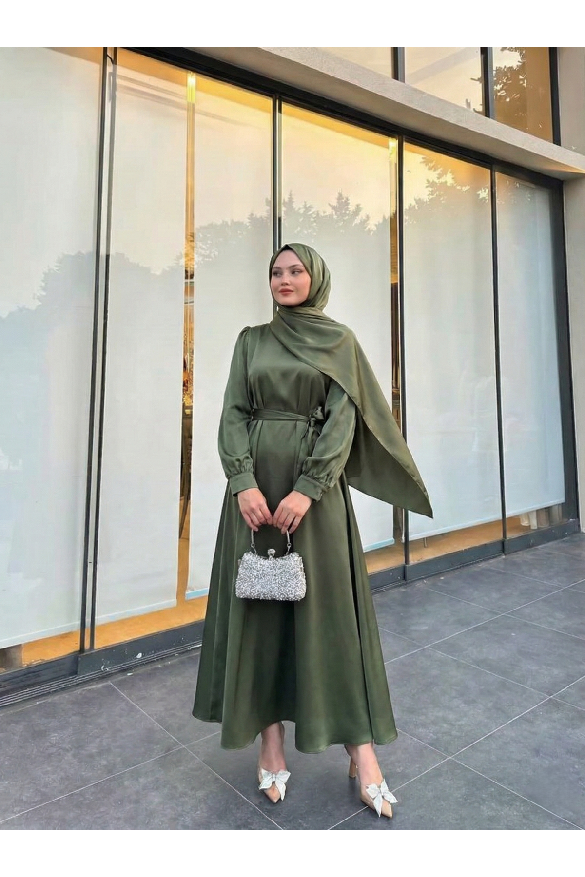 ELB04119-HKİ Kuşak Detay Saten Elbise-Haki