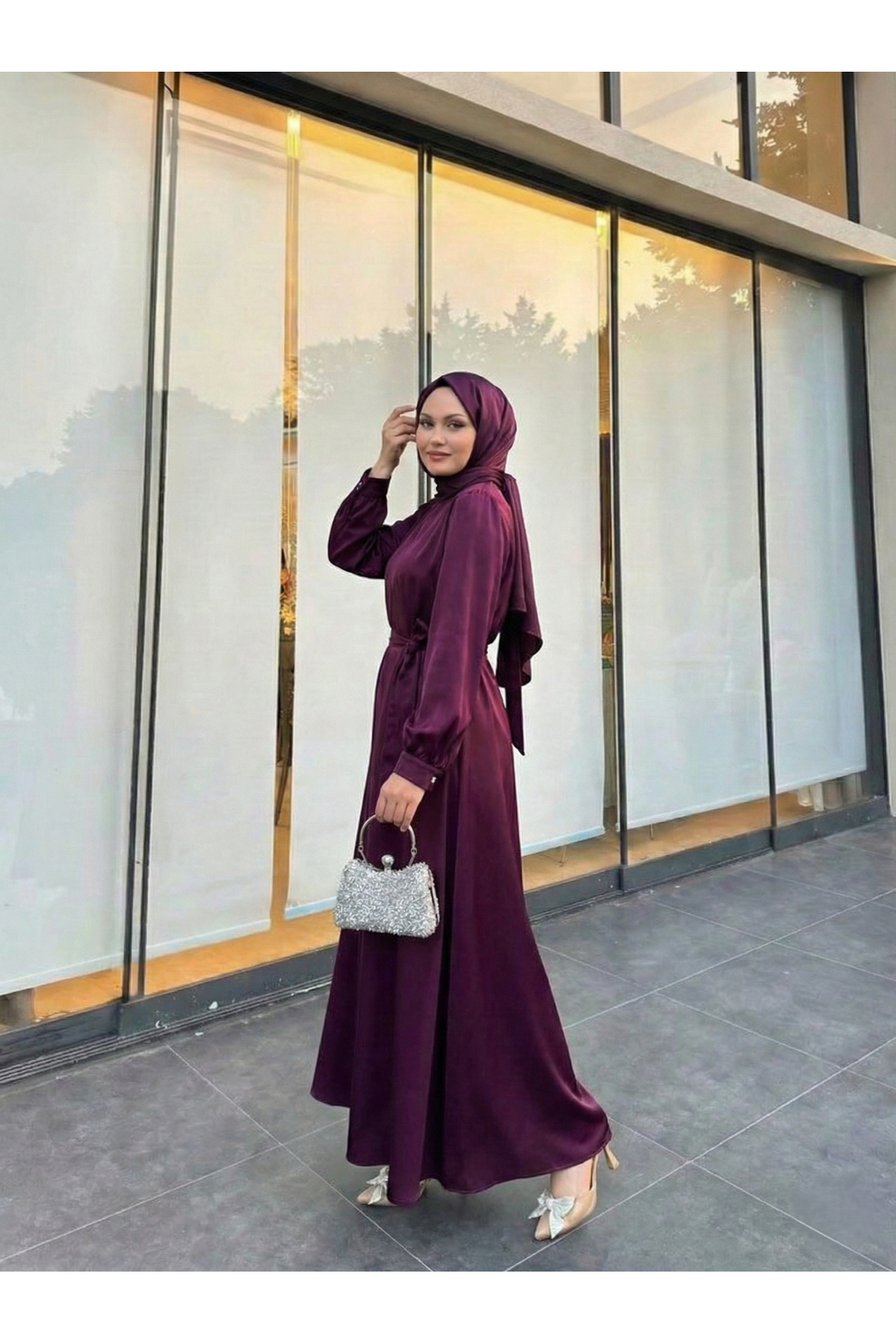 ELB04119-MRD Kuşak Detay Saten Elbise-Mürdüm