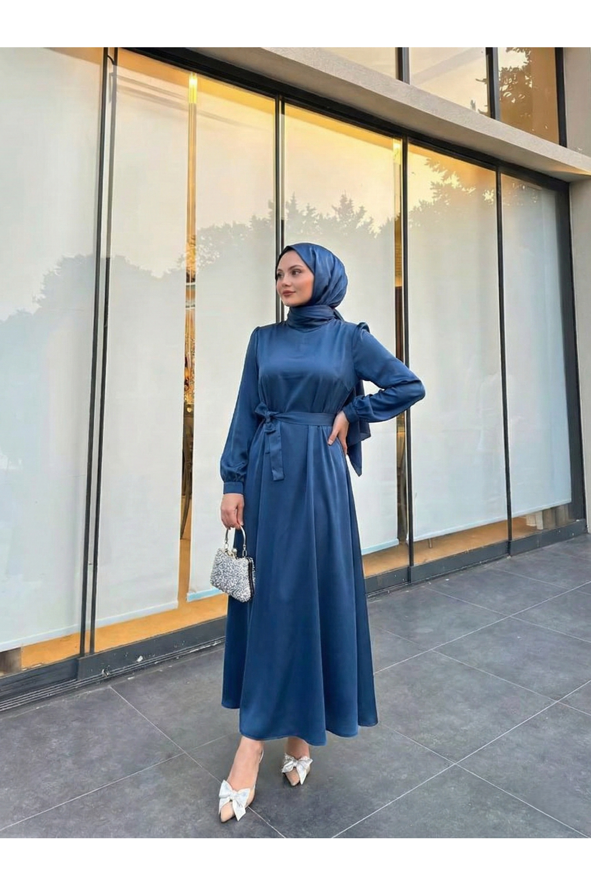 ELB04119-PMV Kuşak Detay Saten Elbise-Petrol Mavisi