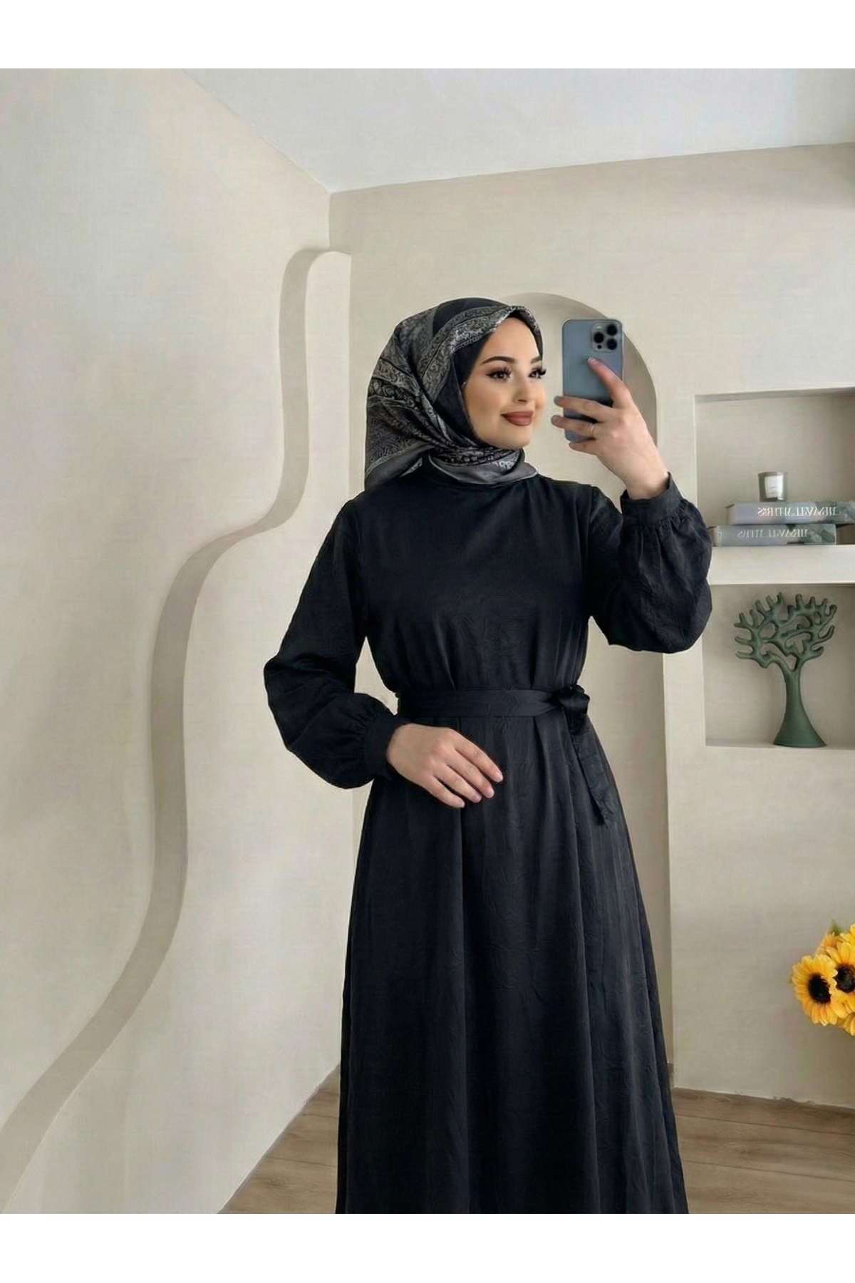 ELB04119-SYH Kuşak Detay Saten Elbise-Siyah