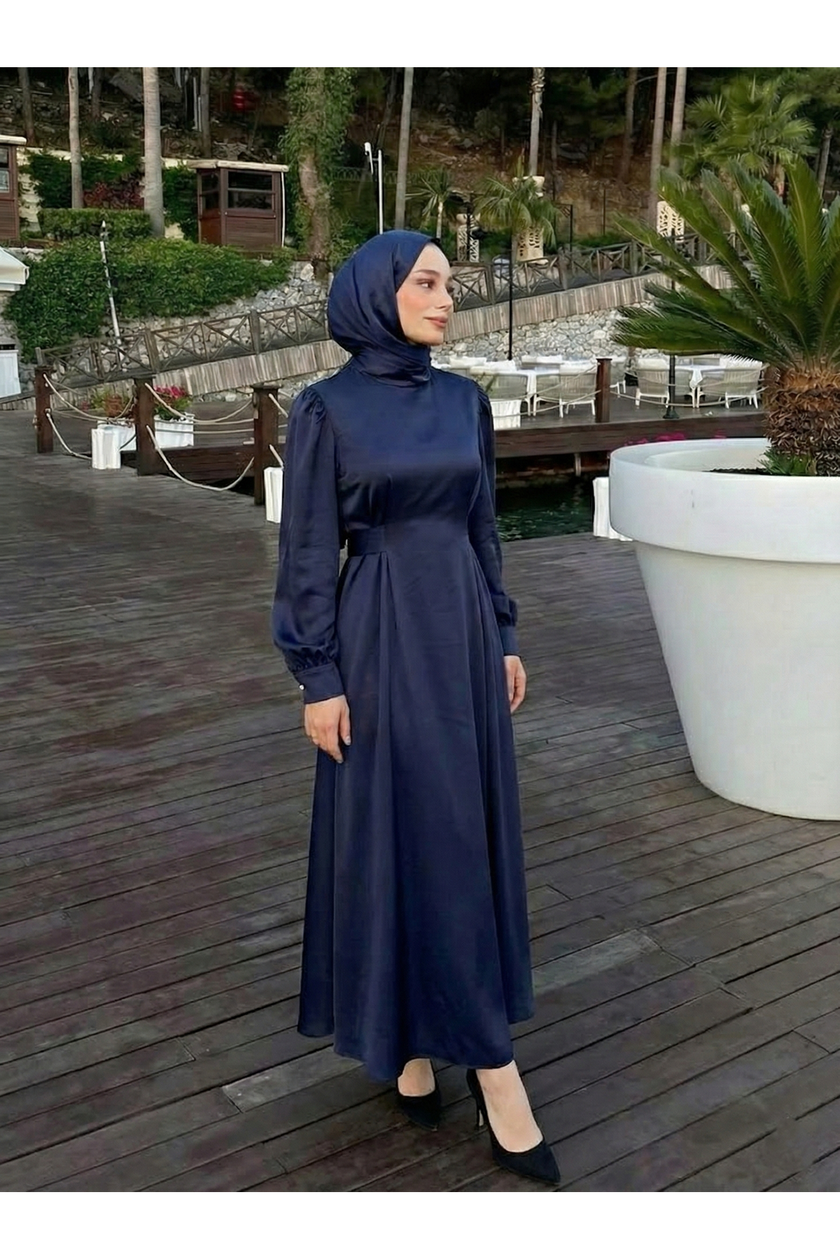 ELB04120-LCV Kuşak Aksesuar Detay Saten Elbise-Lacivert