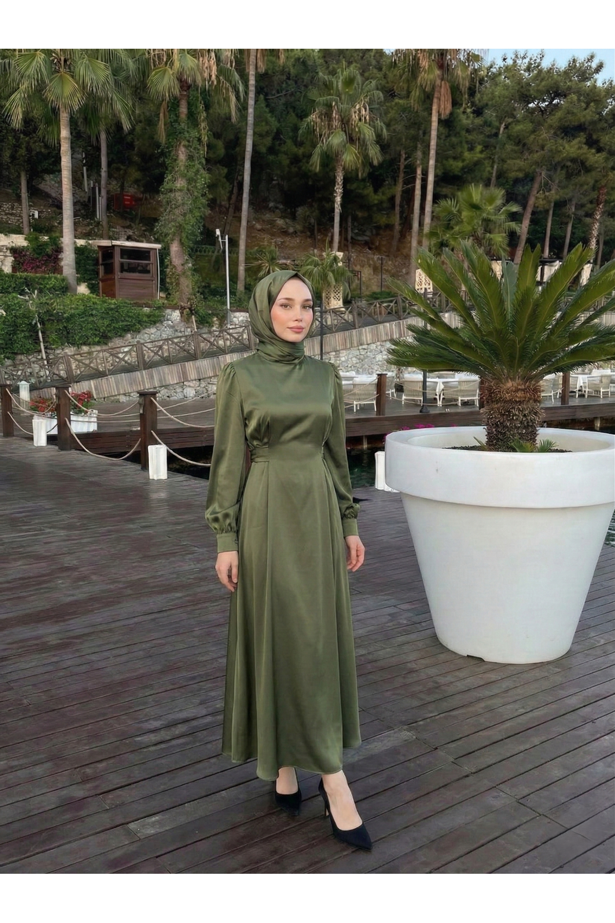 ELB04120-HKİ Kuşak Aksesuar Detay Saten Elbise-Haki