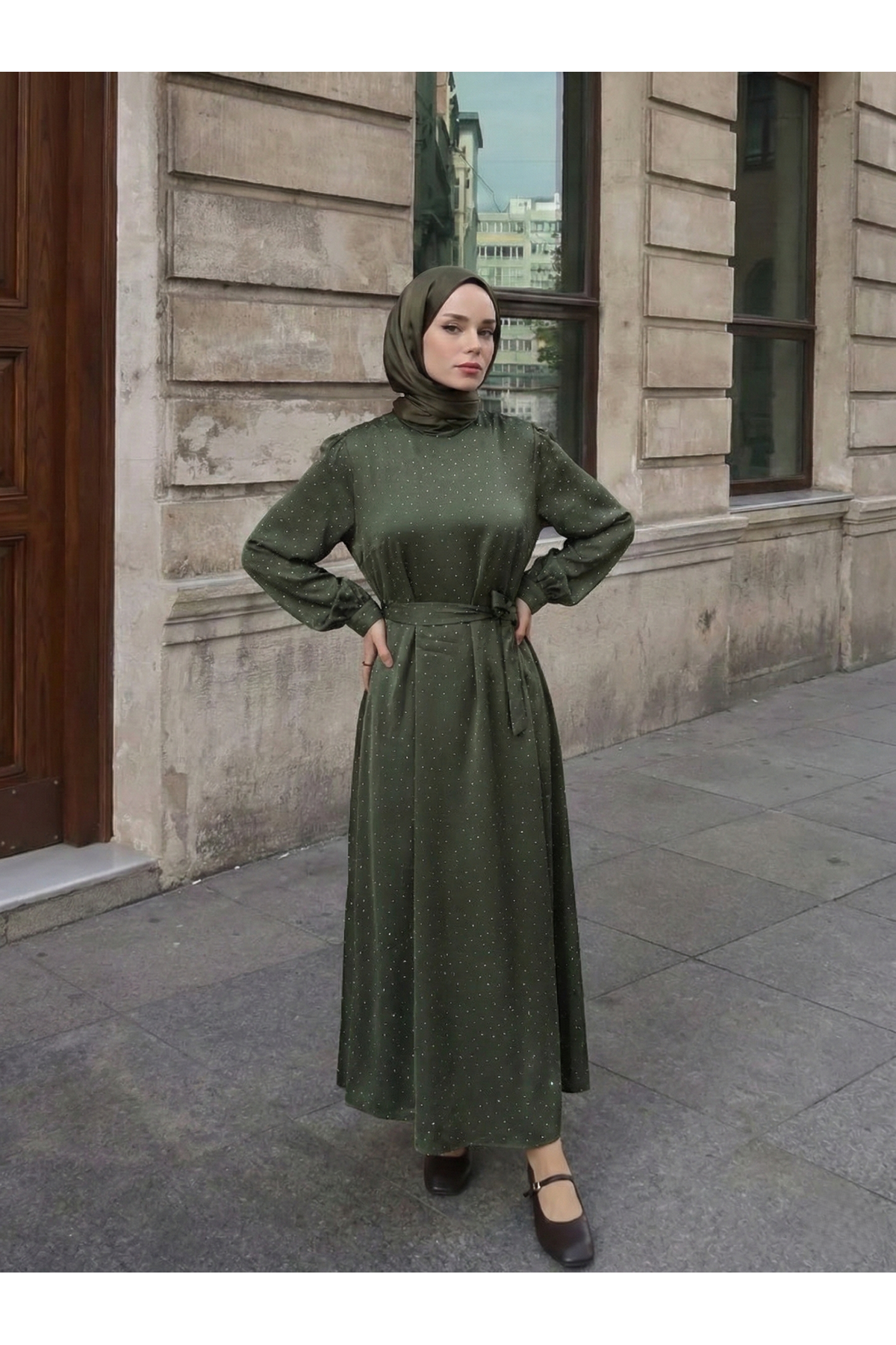 ELB04121-HKİ Saten Taşlı Elbise-Haki