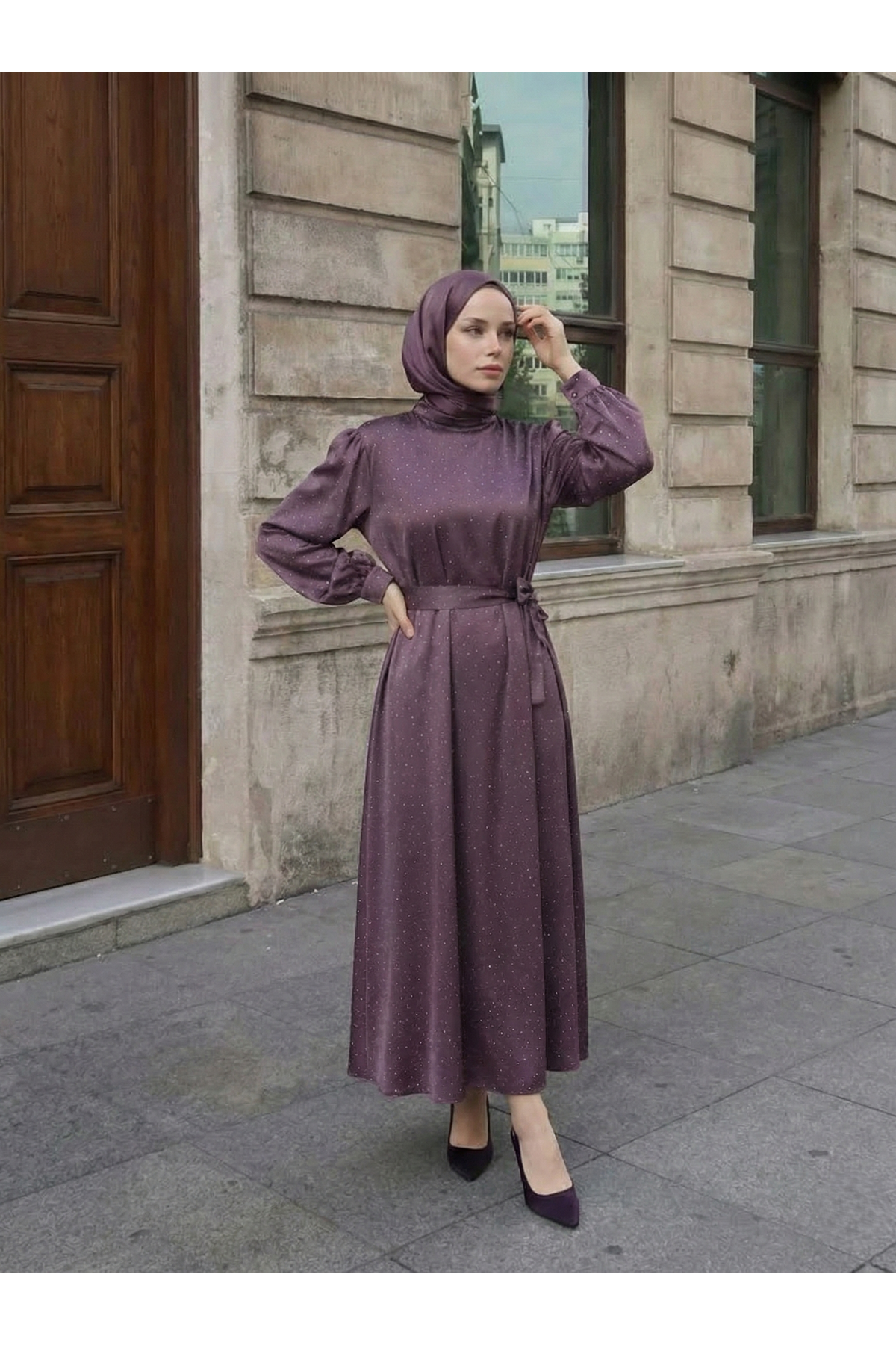 ELB04121-GKR Saten Taşlı Elbise-Gül Kurusu