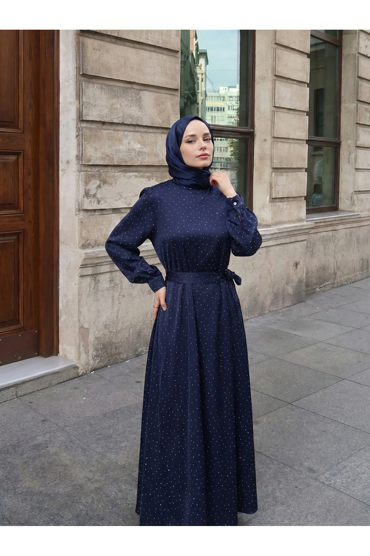 ELB04121-LCV Saten Taşlı Elbise-Lacivert