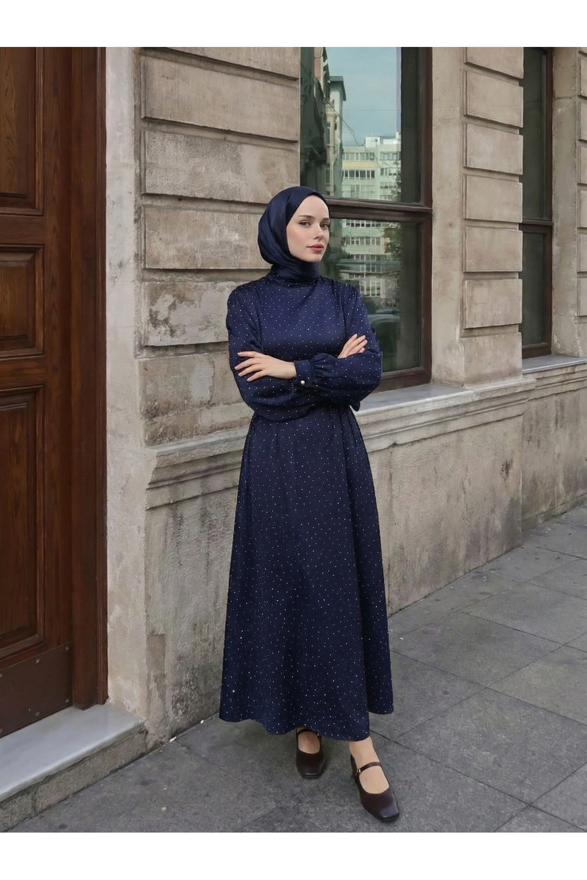 ELB04121-LCV Saten Taşlı Elbise-Lacivert