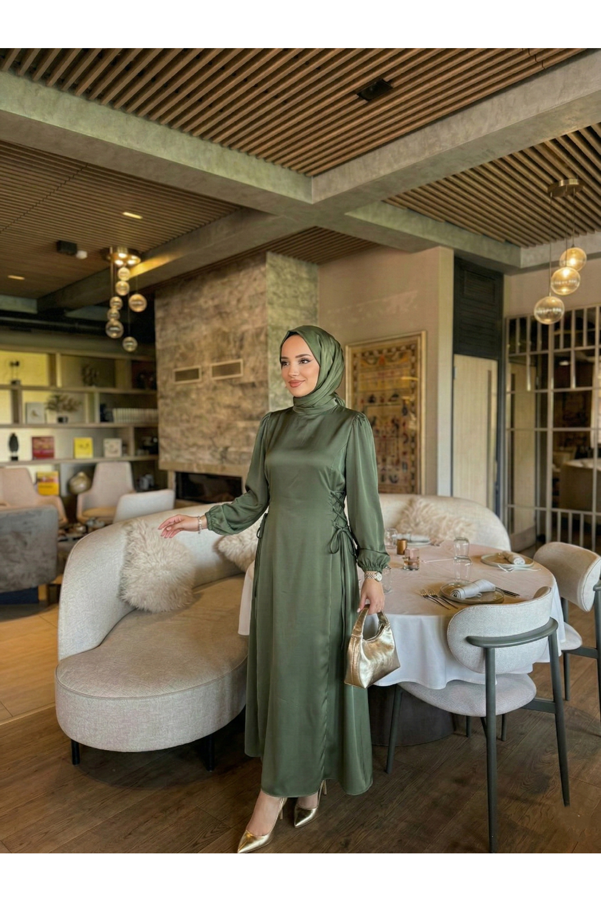 ELB04122-HKİ Yanlar Birit Bağlamalı Elbise-Haki