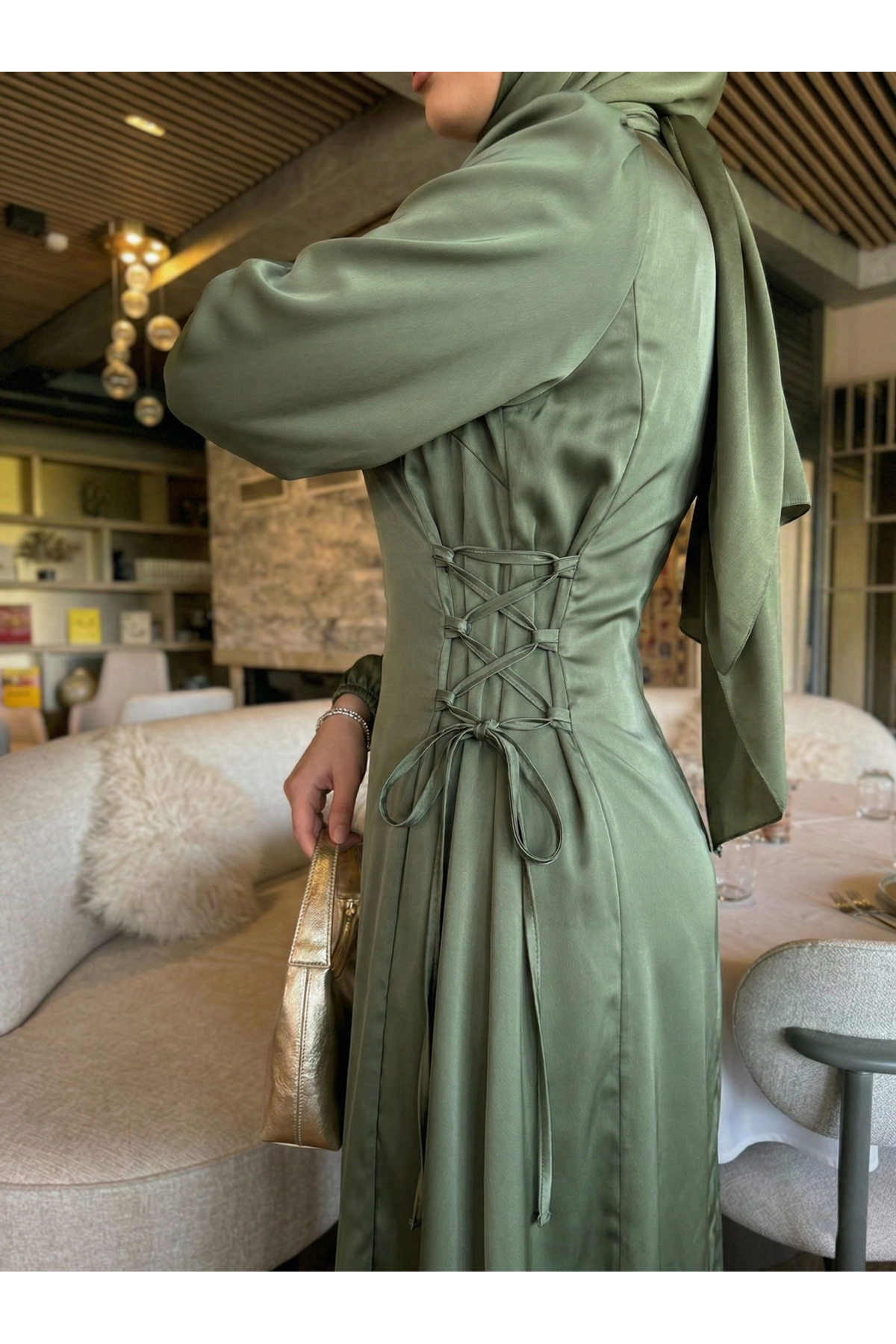 ELB04122-HKİ Yanlar Birit Bağlamalı Elbise-Haki