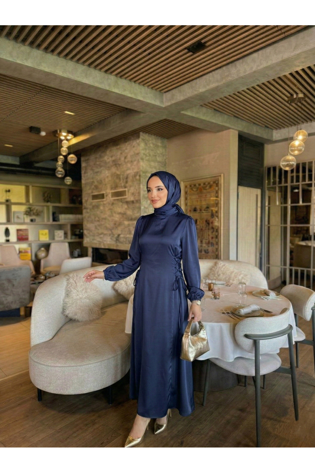 ELB04122-LCV Yanlar Birit Bağlamalı Elbise-Lacivert