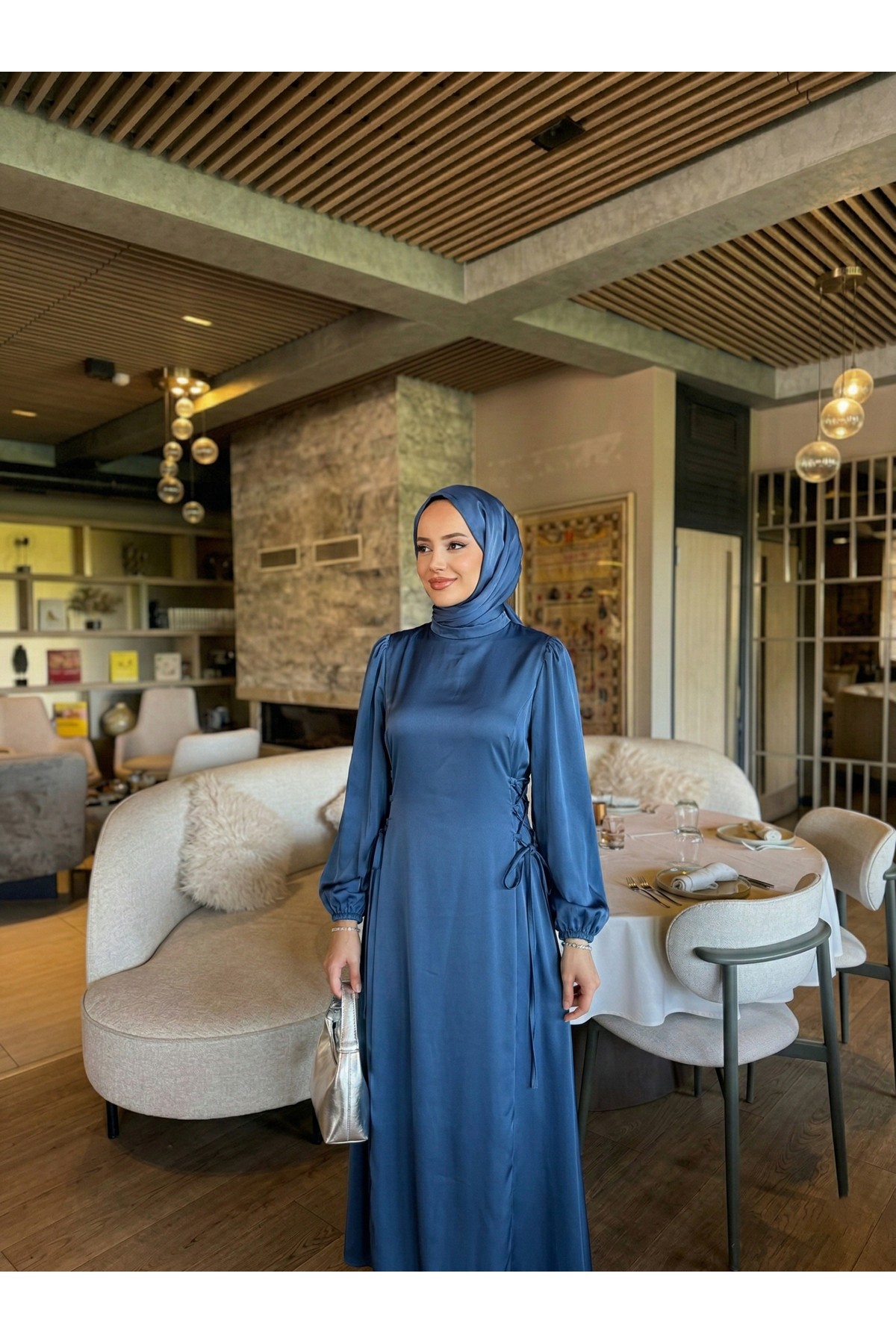 ELB04122-PMV Yanlar Birit Bağlamalı Elbise-Petrol Mavisi