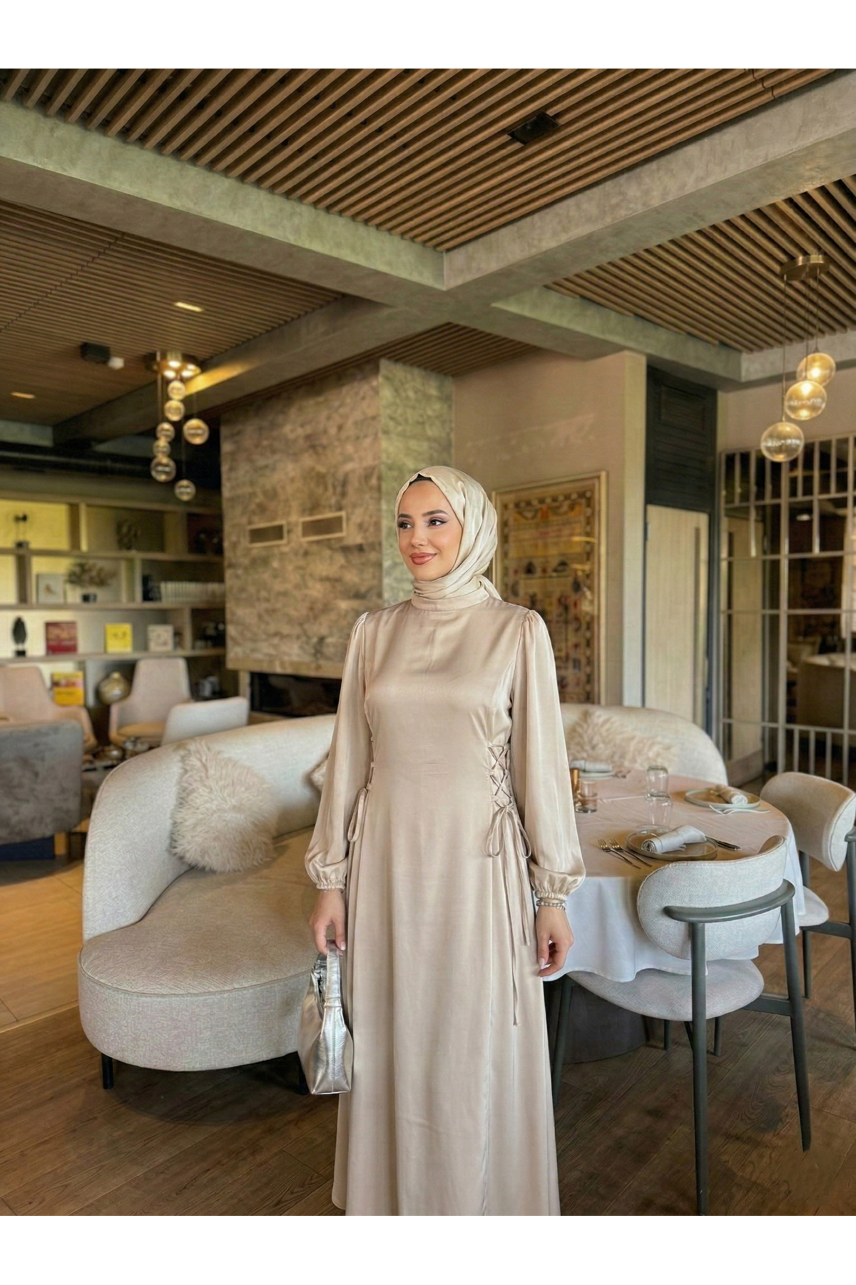 ELB04122-TAŞ Yanlar Birit Bağlamalı Elbise-Taş