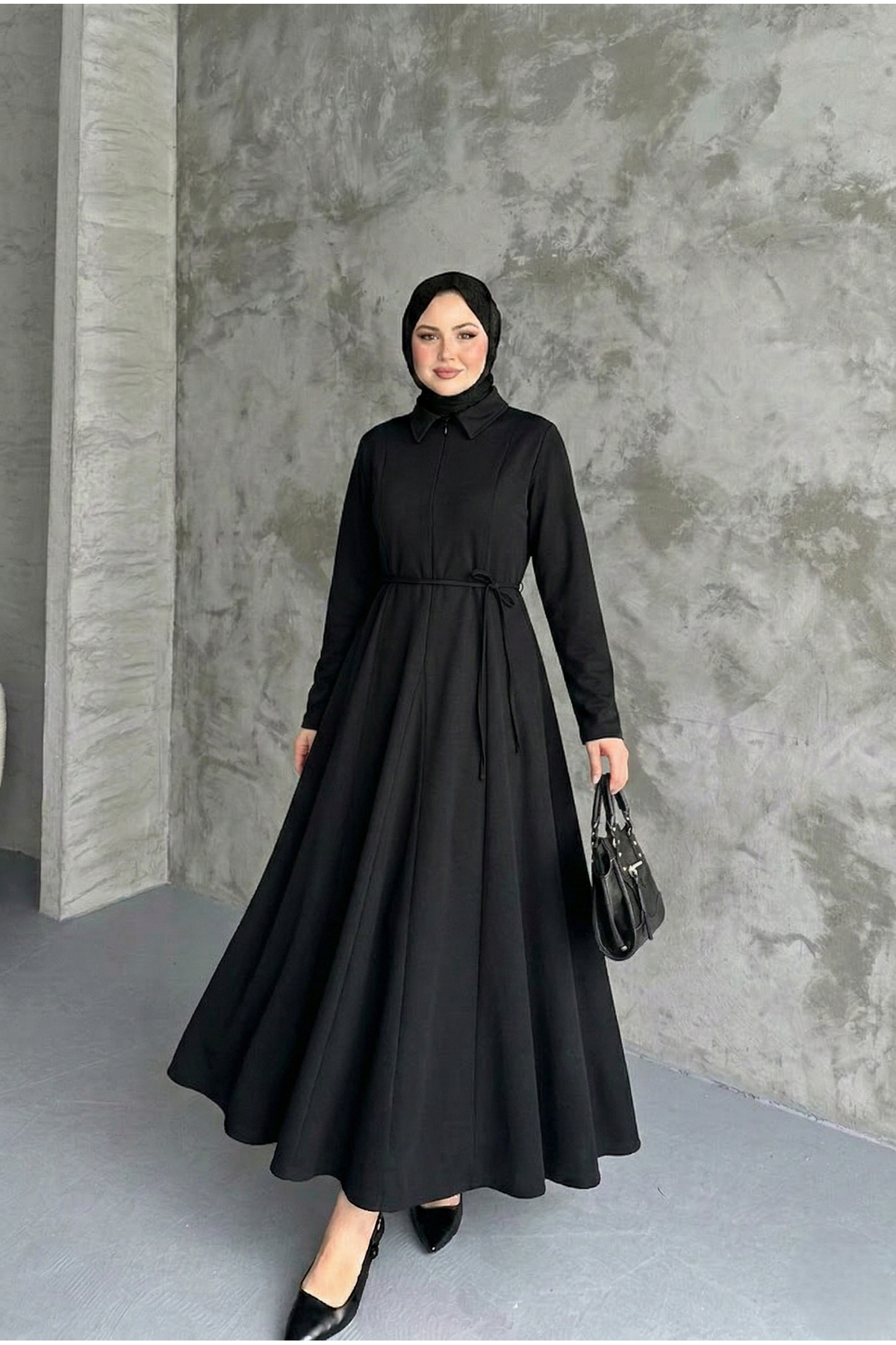ELB04124-SYH Yaka Fermuar Detay Elbise-Siyah