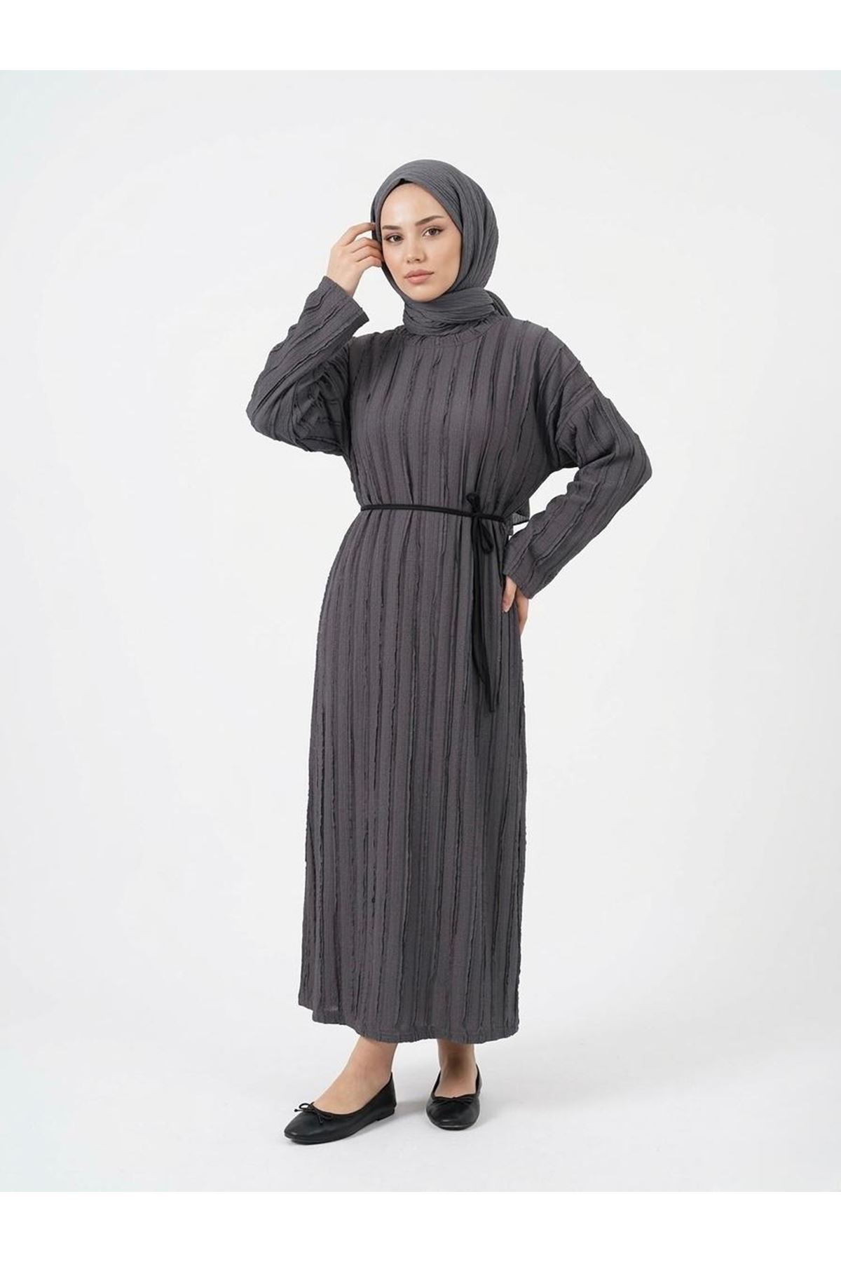 ELB04128-ANT Pilise Dokulu Kemer Detay Elbise-Antrasit