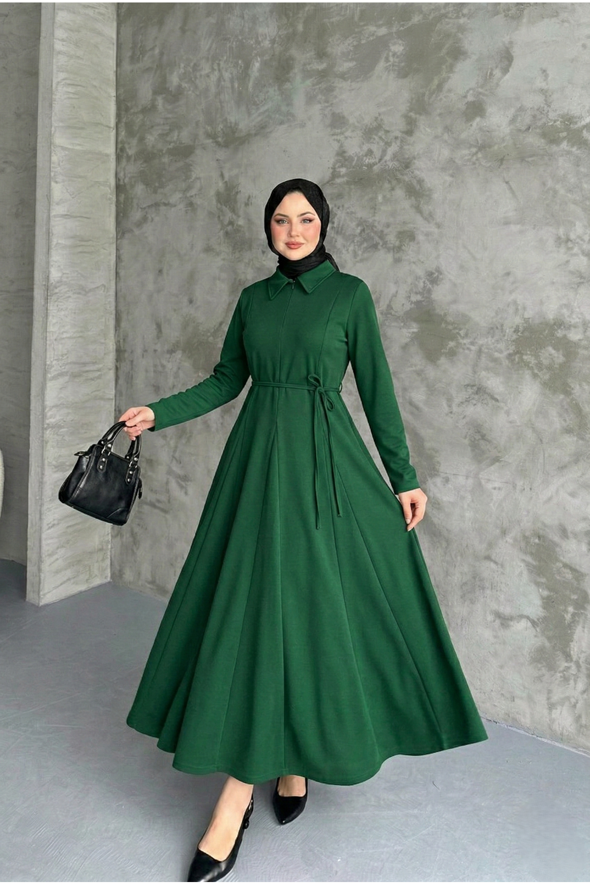 ELB04124-ZMR Yaka Fermuar Detay Elbise-Zümrüt Yeşili