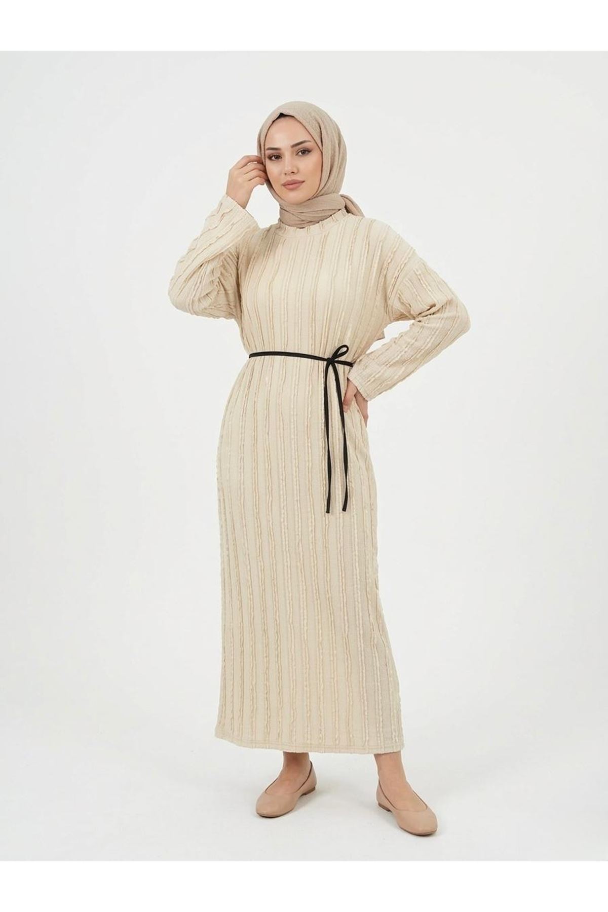 ELB04128-TAŞ Pilise Dokulu Kemer Detay Elbise-Taş