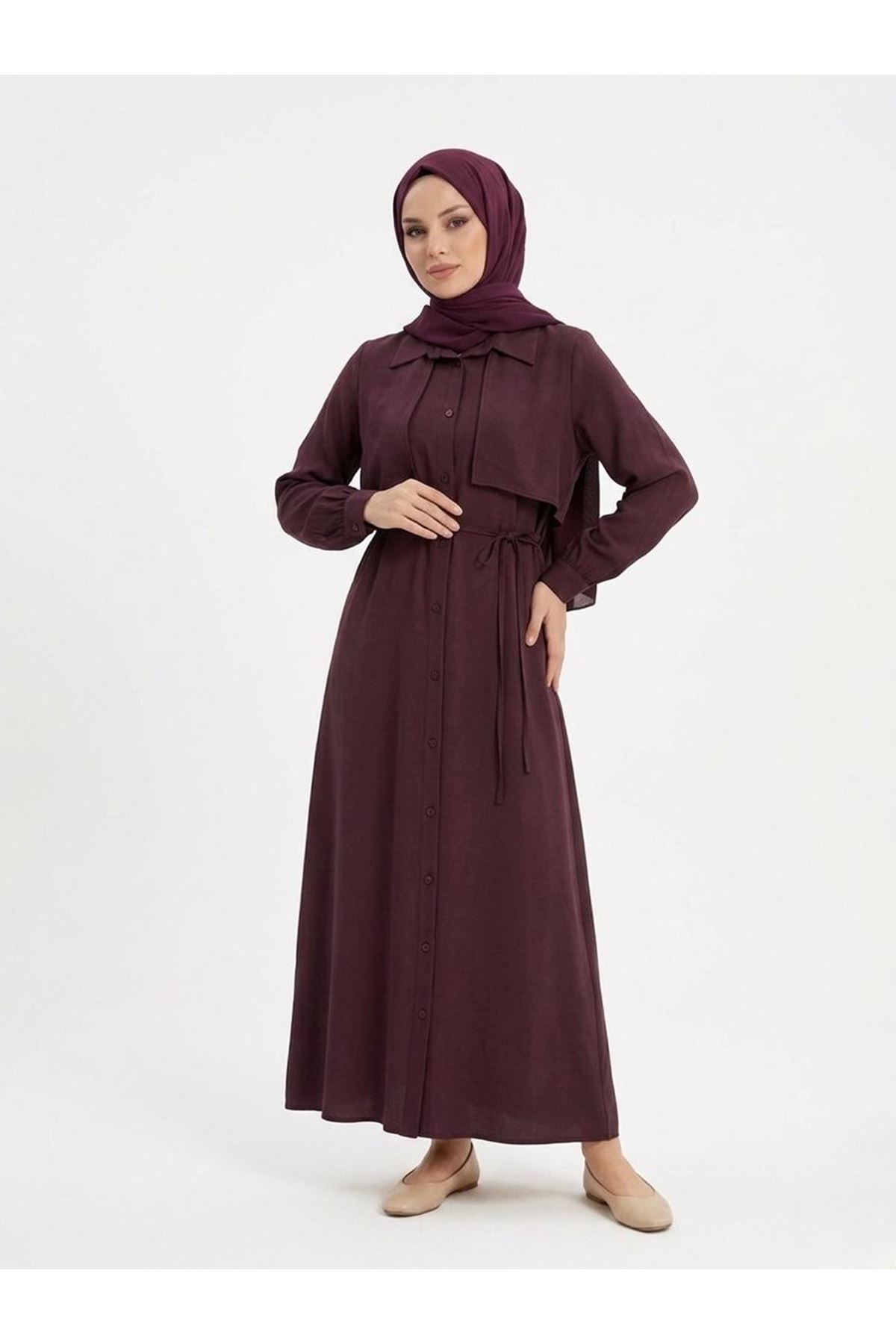 ELB04130-BRD Aller Detay Patlı Elbise-Bordo