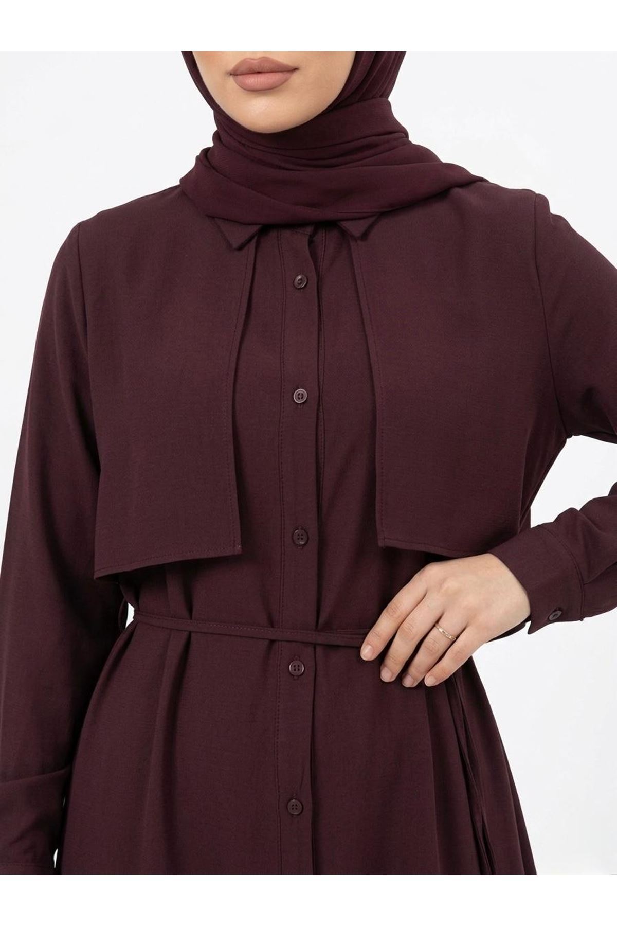 ELB04130-BRD Aller Detay Patlı Elbise-Bordo