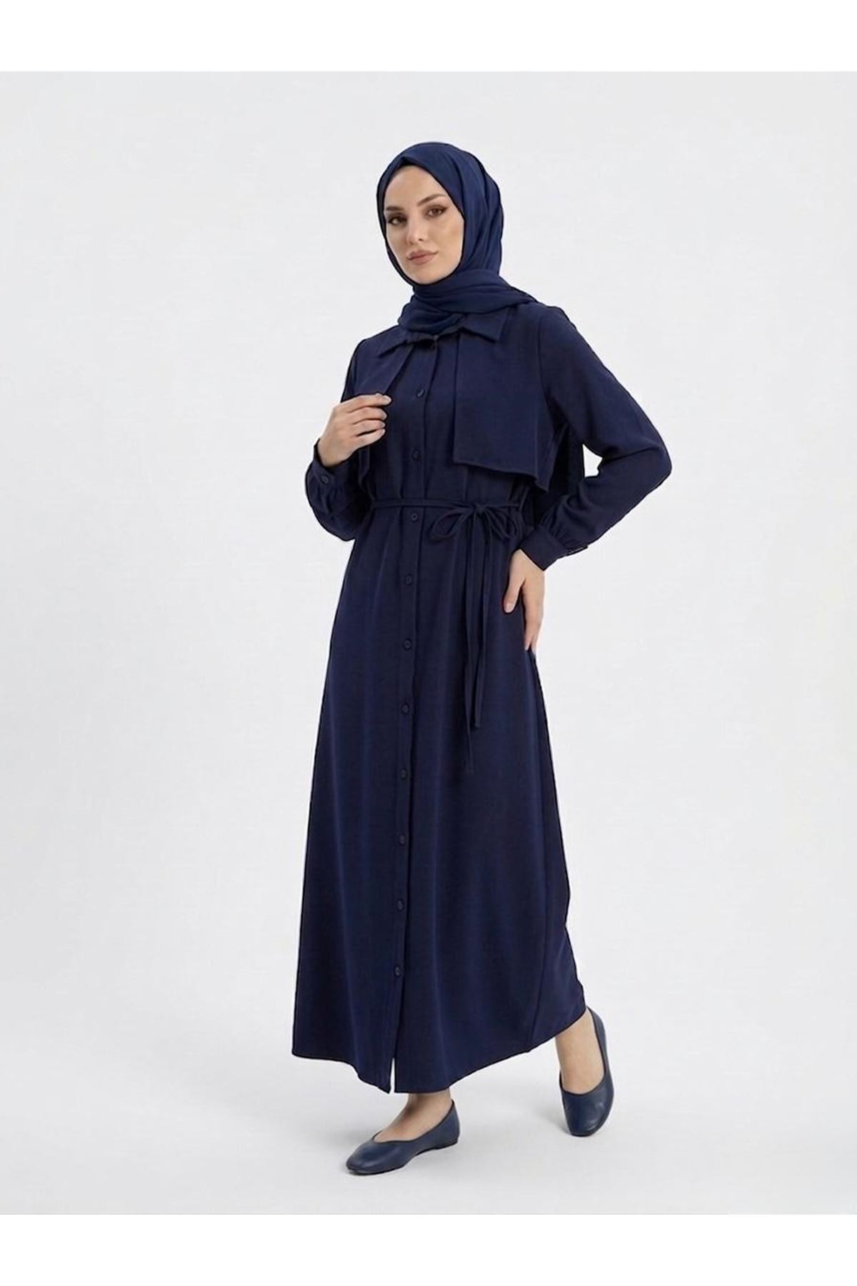 ELB04130-LCV Aller Detay Patlı Elbise-Lacivert